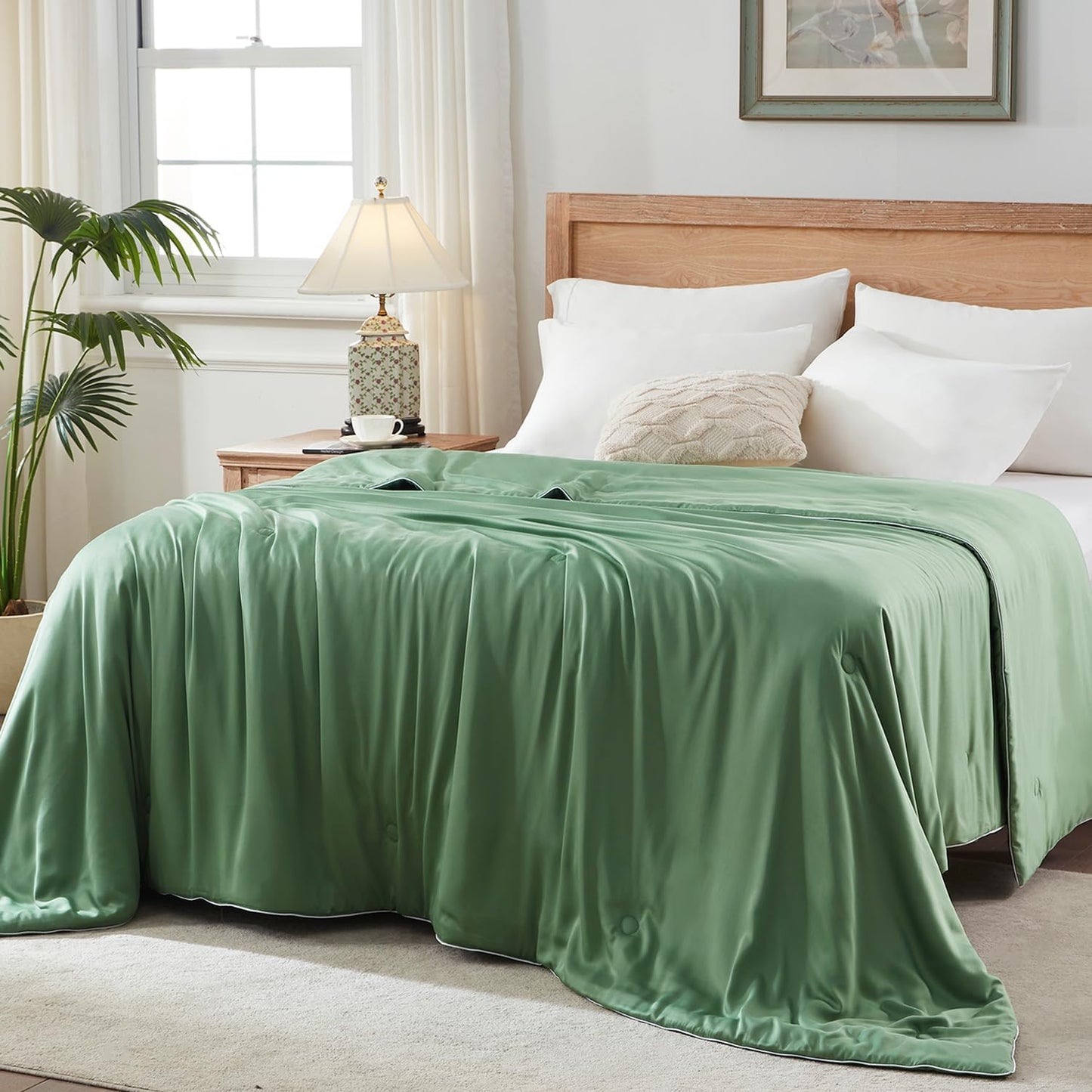 Globon Lightweight Comforter King Size,Summer Blanket for Hot Sleepers Keep Cool,Silk Soft Bamboo Viscose Shell,Organic Breathable Fill,Double Stitch,Sage Green