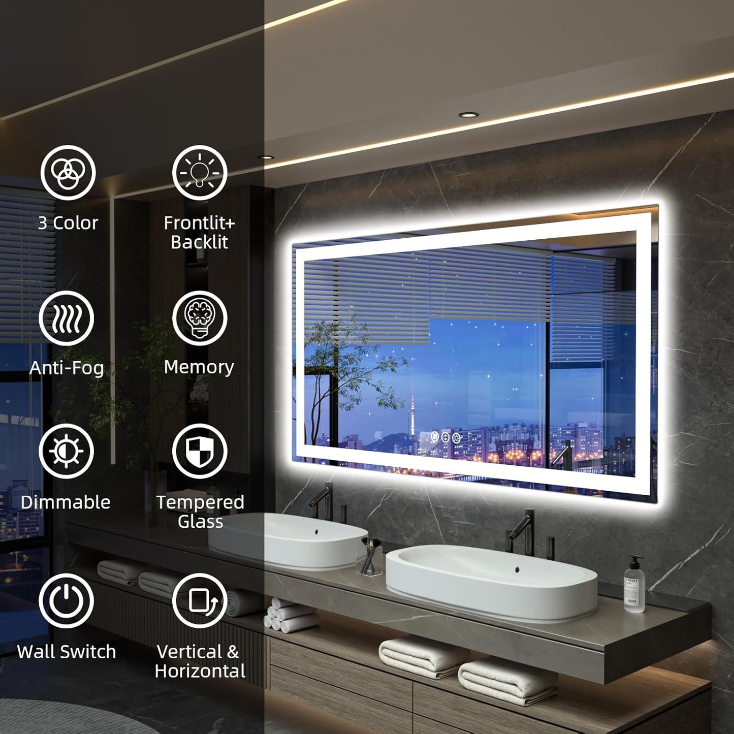 55"x 36" LED Bathroom Mirror with Lights, Double Lighting Sources Dimmable, Backlit + Front Lit, Anti-Fog, 3 Colors Lighted Bathroom Vanity Mirror for Wall Tempered Glass (Horizontal/Vertical)
