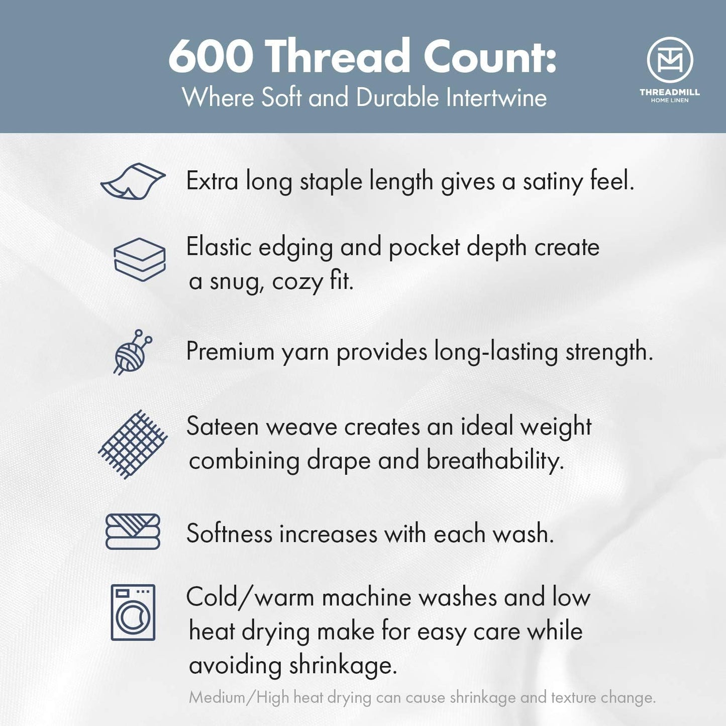 Threadmill 100% Cotton Sheets for King Size Bed - 600 Thread Count King Bed Sheets Set with 16” Deep Pocket - Damask Stripe Sateen Weave 4-Piece Bedding Set with Cooling Effect, Moonrock Grey