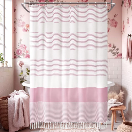 Awellife Boho Pink Shower Curtain for Bathroom Stripe Tassel Shower Curtain 72 X 72 Inches Farmhouse Cotton Girls Coral