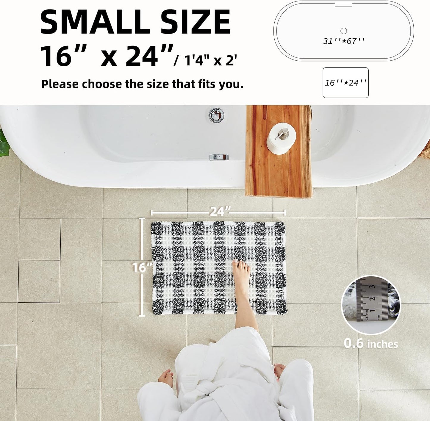 Waffle Bath Mat, Boho Bathroom Rugs Non Slip Washable Absorbent Checkered Bathroom Mat Quick Dry Farmhouse Bathroom Decor, 24"x16" Black and White