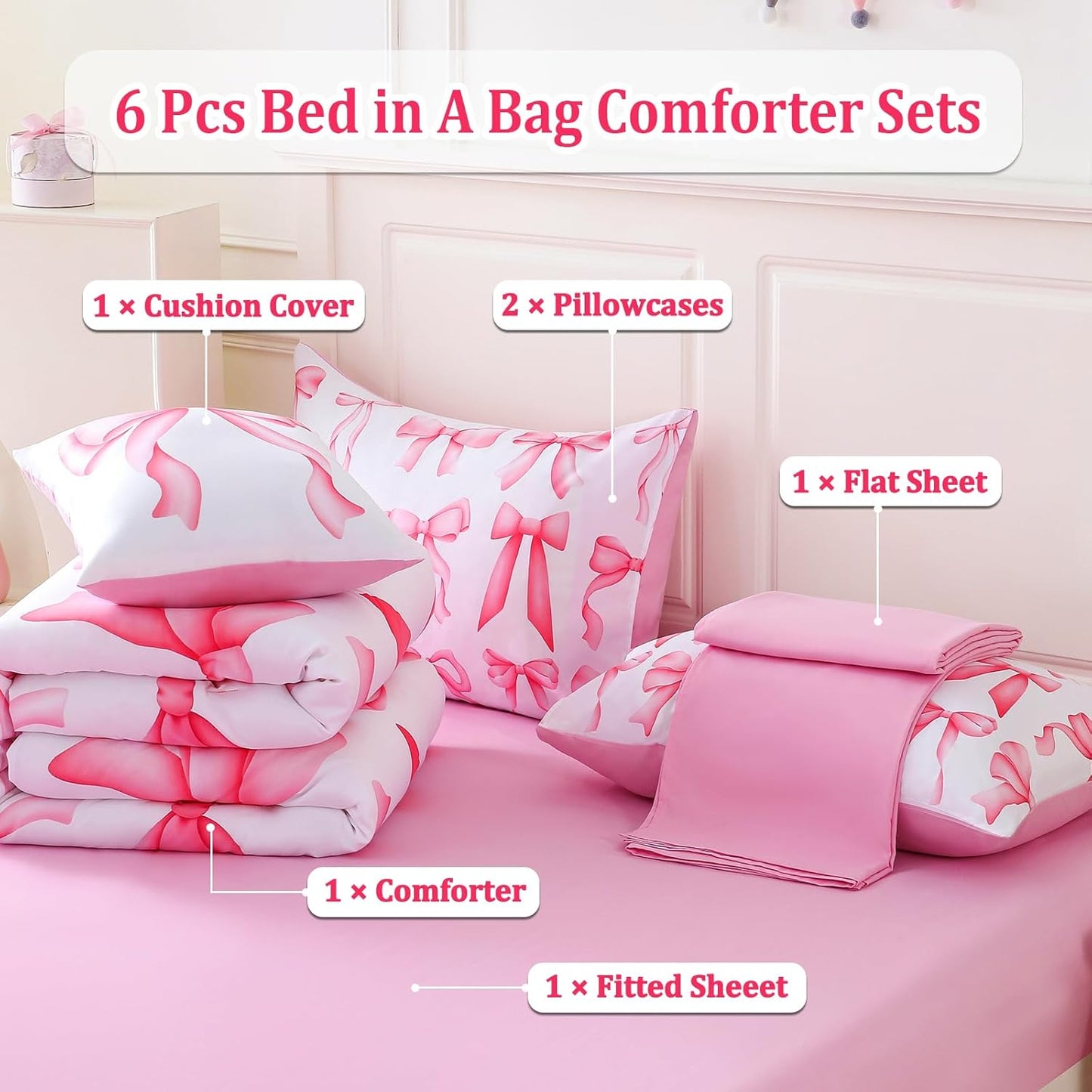 6 Pieces Twin Comforter Sets with Sheets Pink Bed in a Bag for Girls,Bow Comforter Set,Bow Twin Bedding Sets for Kids