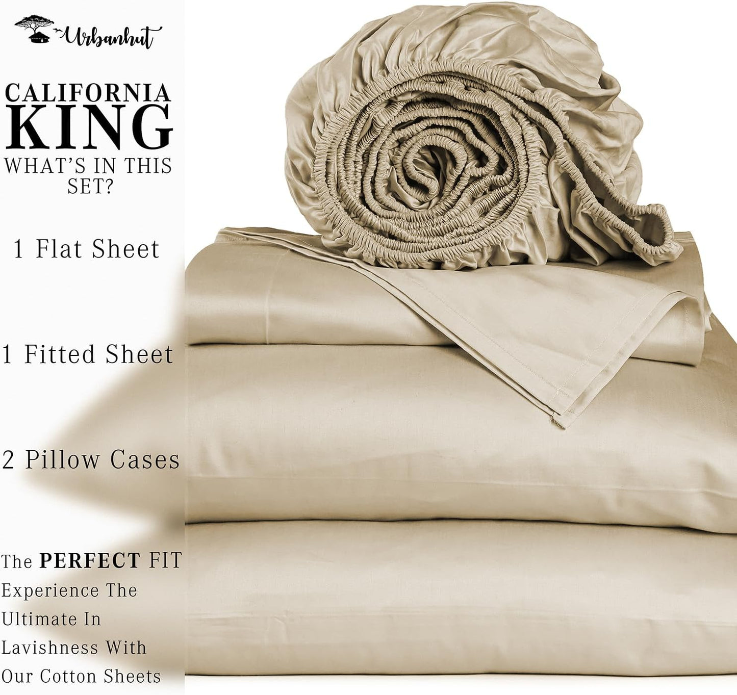 URBANHUT 700 Thread Count Egyptian Cotton Sheets California King Size, 4Pc Sheet Set Soft Luxury Bed Sheets for Cal King Size Bed, Sateen Weave Hotel Sheets, 16'' Elasticized Deep Pocket - Sand