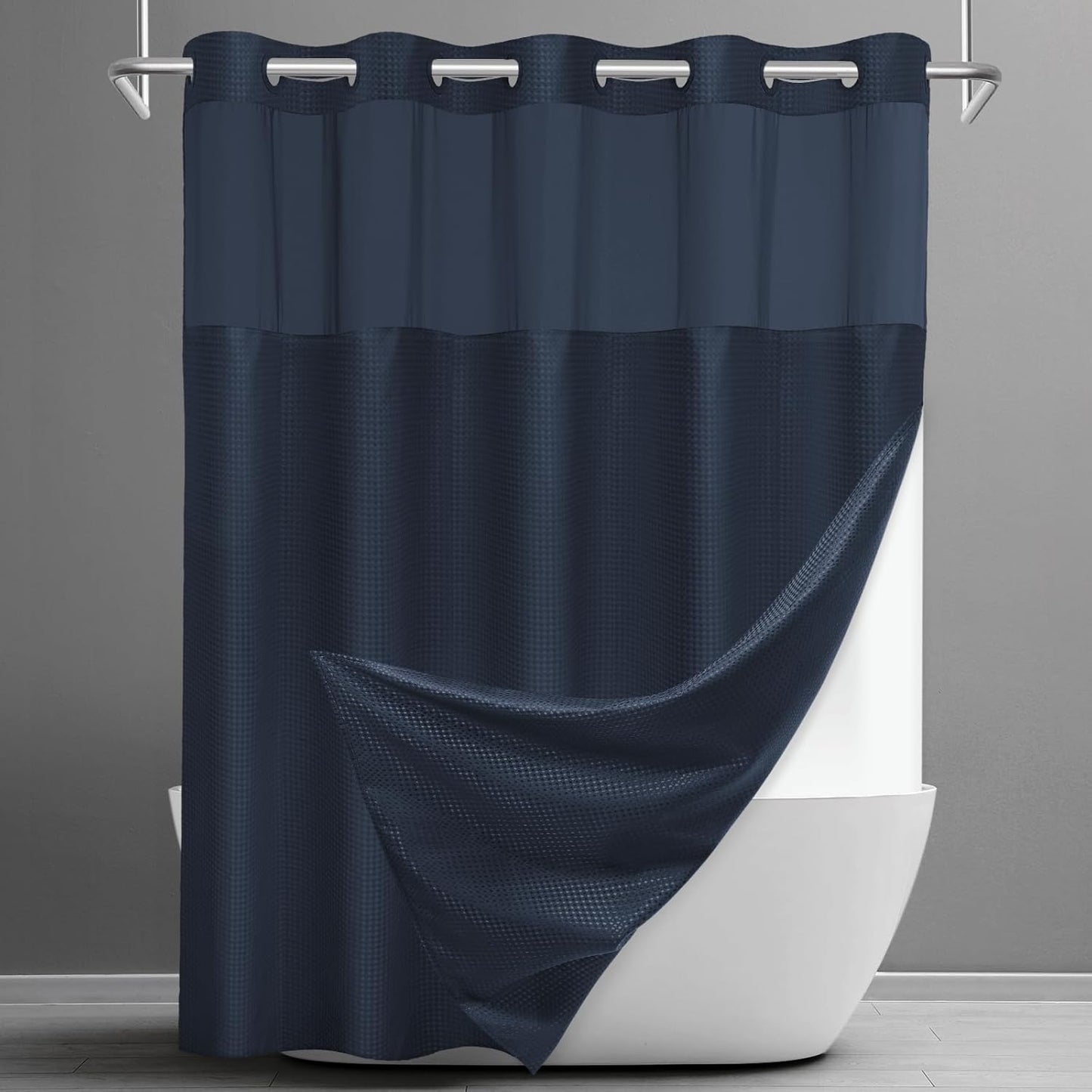 No Hook Shower Curtain with Snap in Liner Set Waffle Shower Curtain for Bathroom Hotel Style Fabric Waterproof Inner Liner，71" W x 86" H, Navy Blue