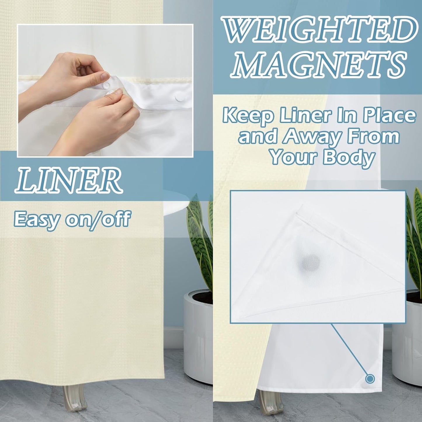 Ivory Stall Hotel Shower Curtain with Detachable Liner - 230GSM Waffle Textured,Hotel Grade,Spa Like Bath Curtain,54W x 80H