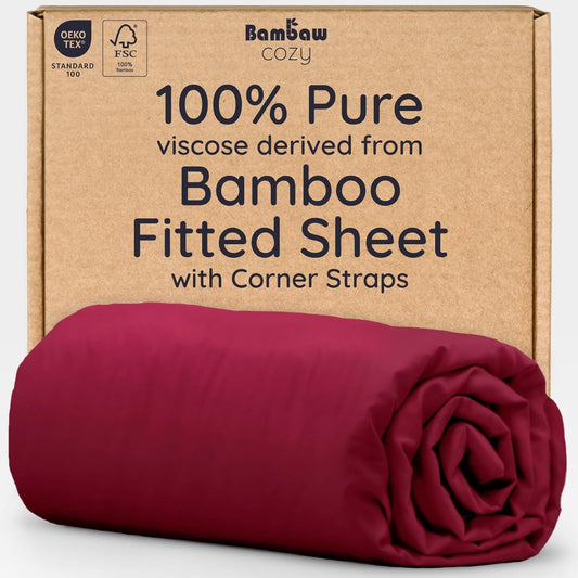 Bambaw 100% Viscose Derived from Bamboo Fitted Sheet Only, Full Size Fitted Bed Sheets Only, Cooling Fitted Sheet Full Size, 15’’ Deep Fitted Sheet with Straps, Soft Fitted Full Sheet Only (Burgundy)