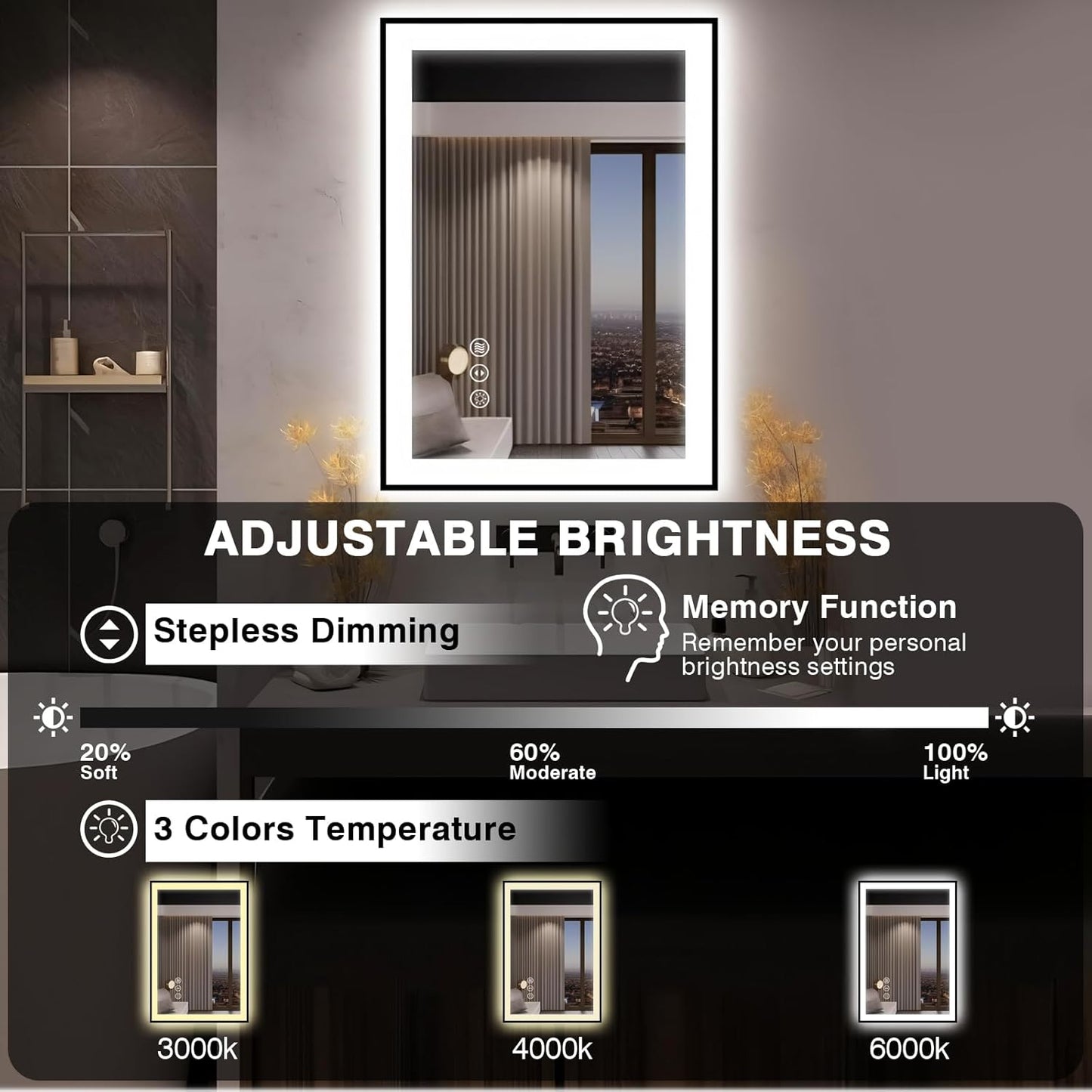 28x36 LED Bathroom Mirror for Wall -Black Aluminum Framed (Front and Backlit), Anti-Fog Vanity Mirror with Lights,Stepless Dimmable Lighted Mirror,3 Colors Smart Mirror(Horizontal/Vertical)