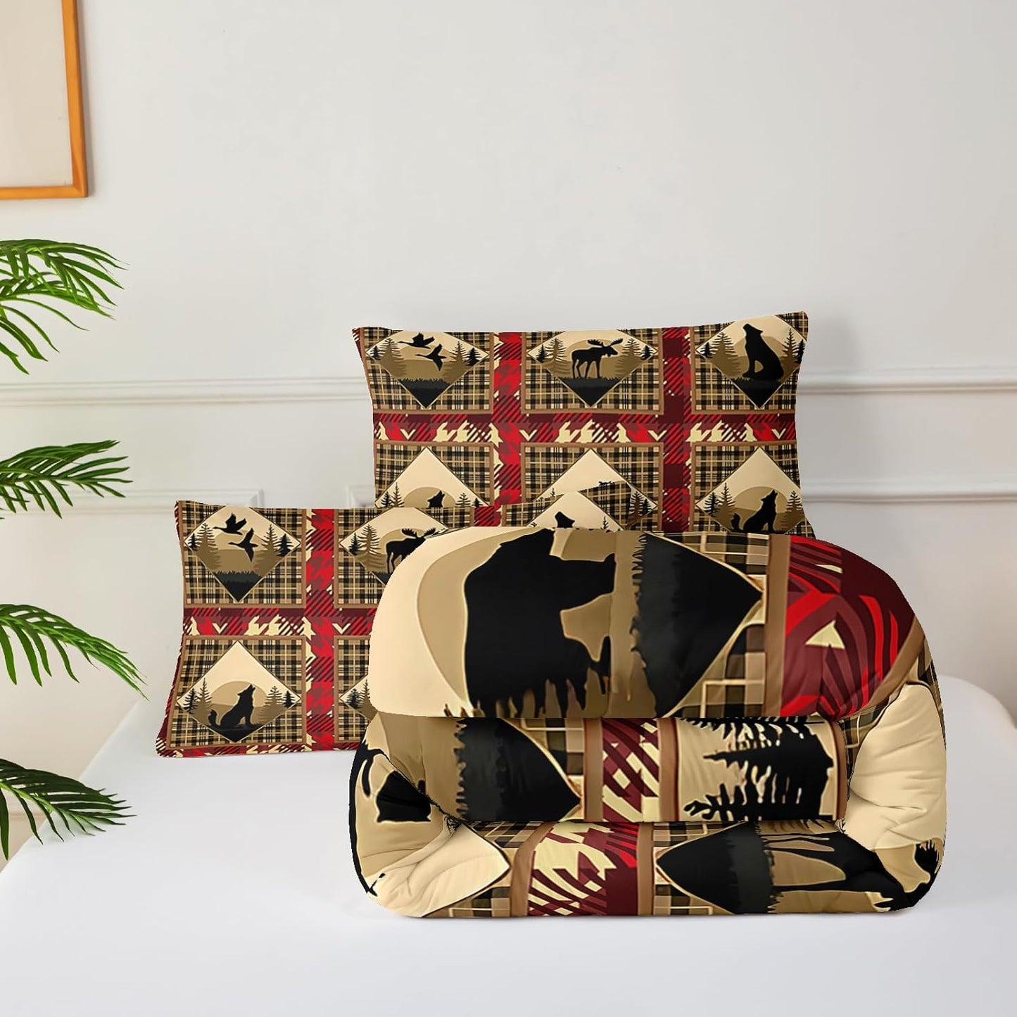 Red and Black Plaid Comforter Set Full，Full Size Bedding Set Animal Print，Rustic Farmhouse Quilt Bedding Sets Full，with 1 Comforter with 2 Pillow Case