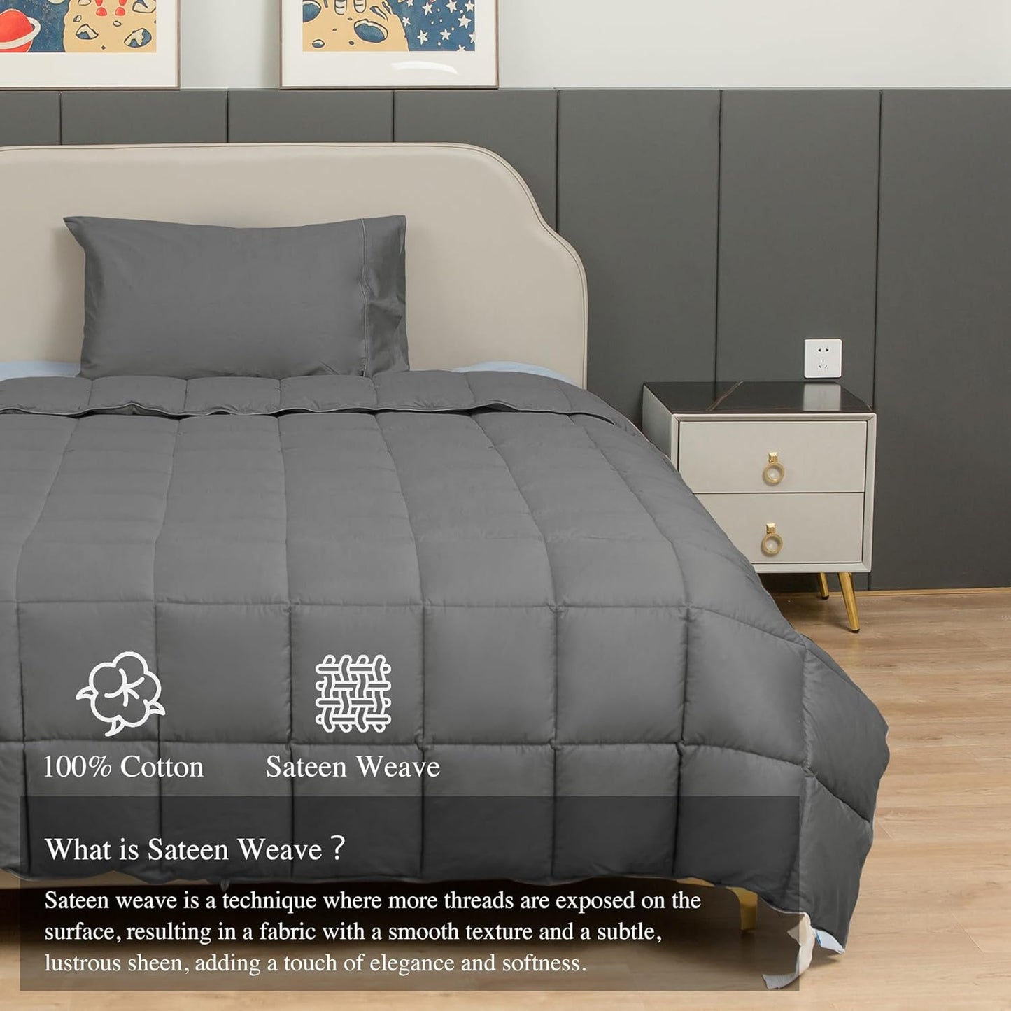 sunflower Comforter Queen Size Steel Gray Down Alternative Filling 100% Cotton Shell Lightweight Bedding Queen Comforter Blanket for Summer with Corner Tabs Soft Breathable Machine Washable