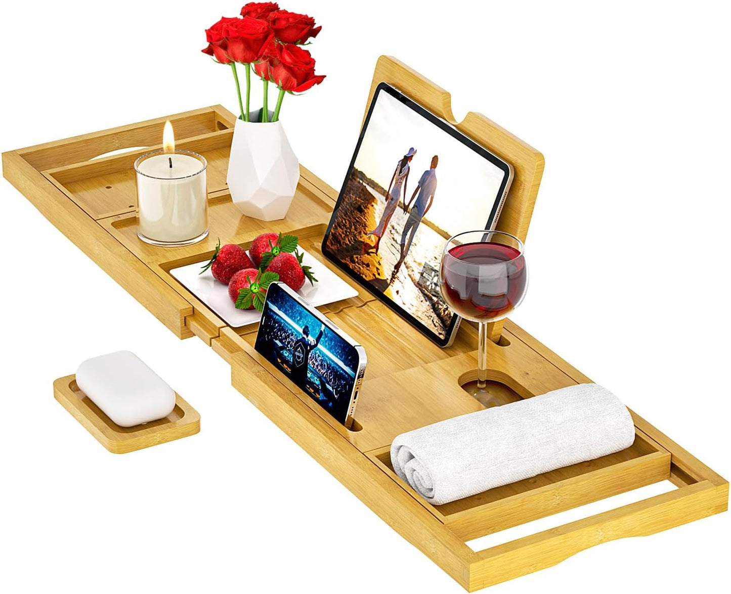 Premium Expandable Bamboo Bathtub Tray Caddy - Fits Most Bath Tubs