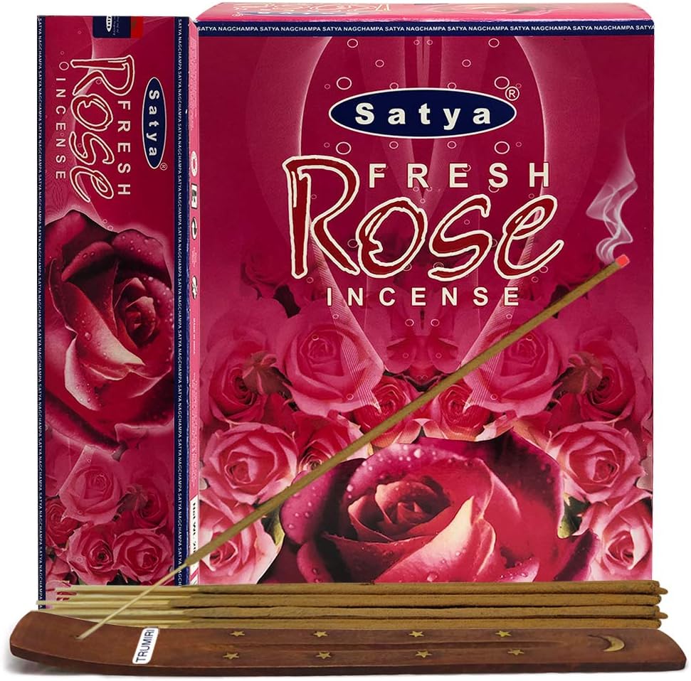 Fresh Rose Incense Sticks and Incense Stick Holder Bundle Insence Insense Satya