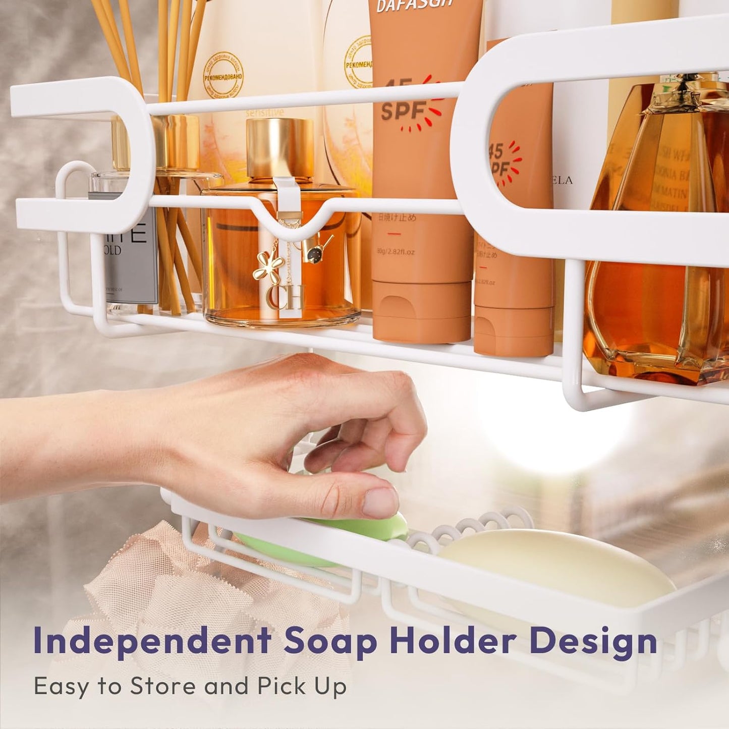SWTYMIKI Over The Door Shower Caddy With Double Soap Holder, Hanging Shower Caddy With 16 Hooks, No Drilling Hanging Shower Organizer Over Door To Organize Bathroom Essentials, White