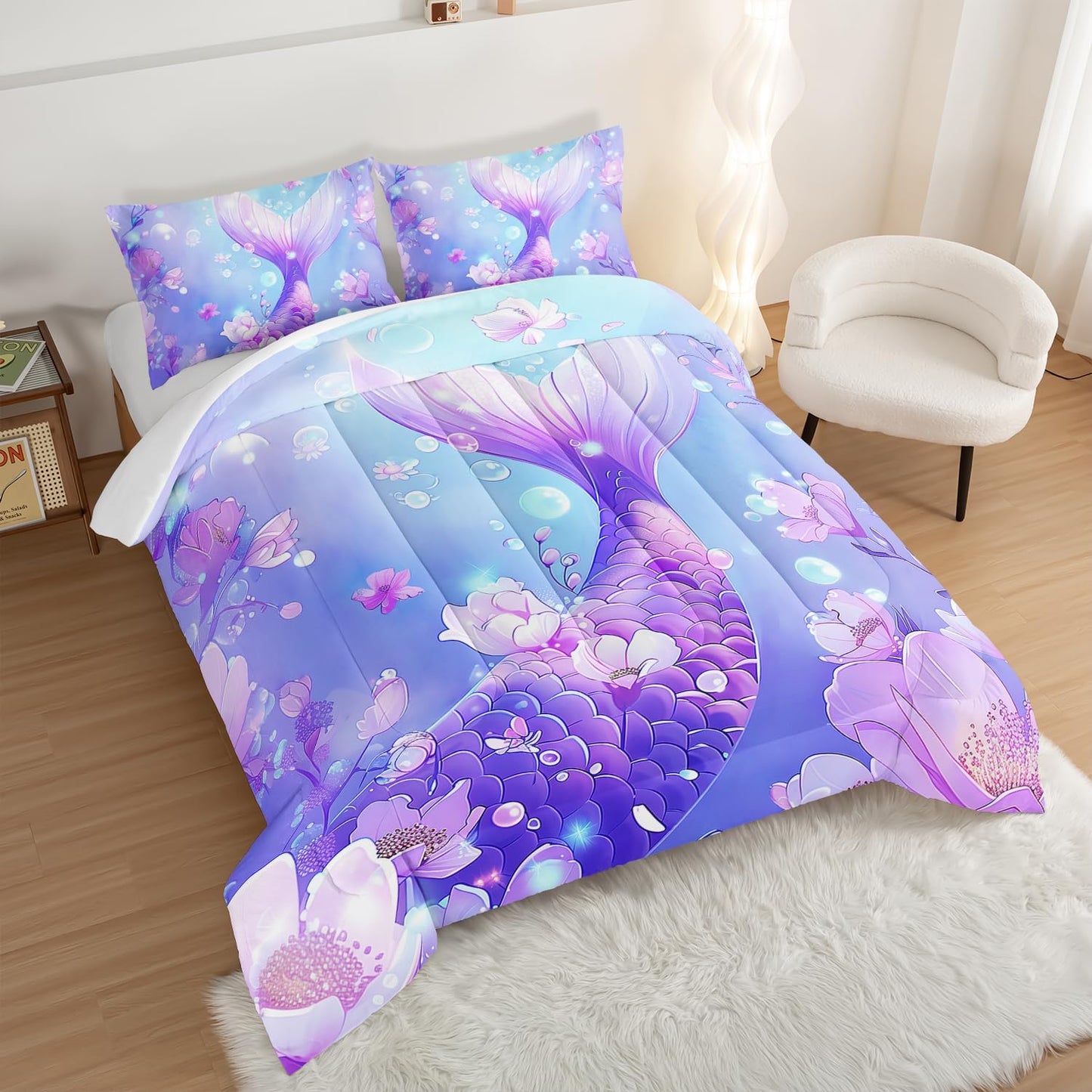 Pretty Mermaid Comforter Queen for Girls Kids, Mermaid Fish Scale Floral Pattern Bedding for Girls Bedroom Decor, Ocean Themed Comforter Bedding Set with 2 Pillowcases