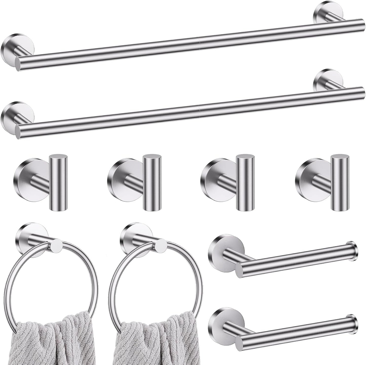 Lairuier Brushed Nickel Bathroom Hardware Set, 10-Piece Towel Bar Set SUS304 Stainless Steel Bathroom Hardware Accessories Set Round Towel Holder Set Wall Mounted