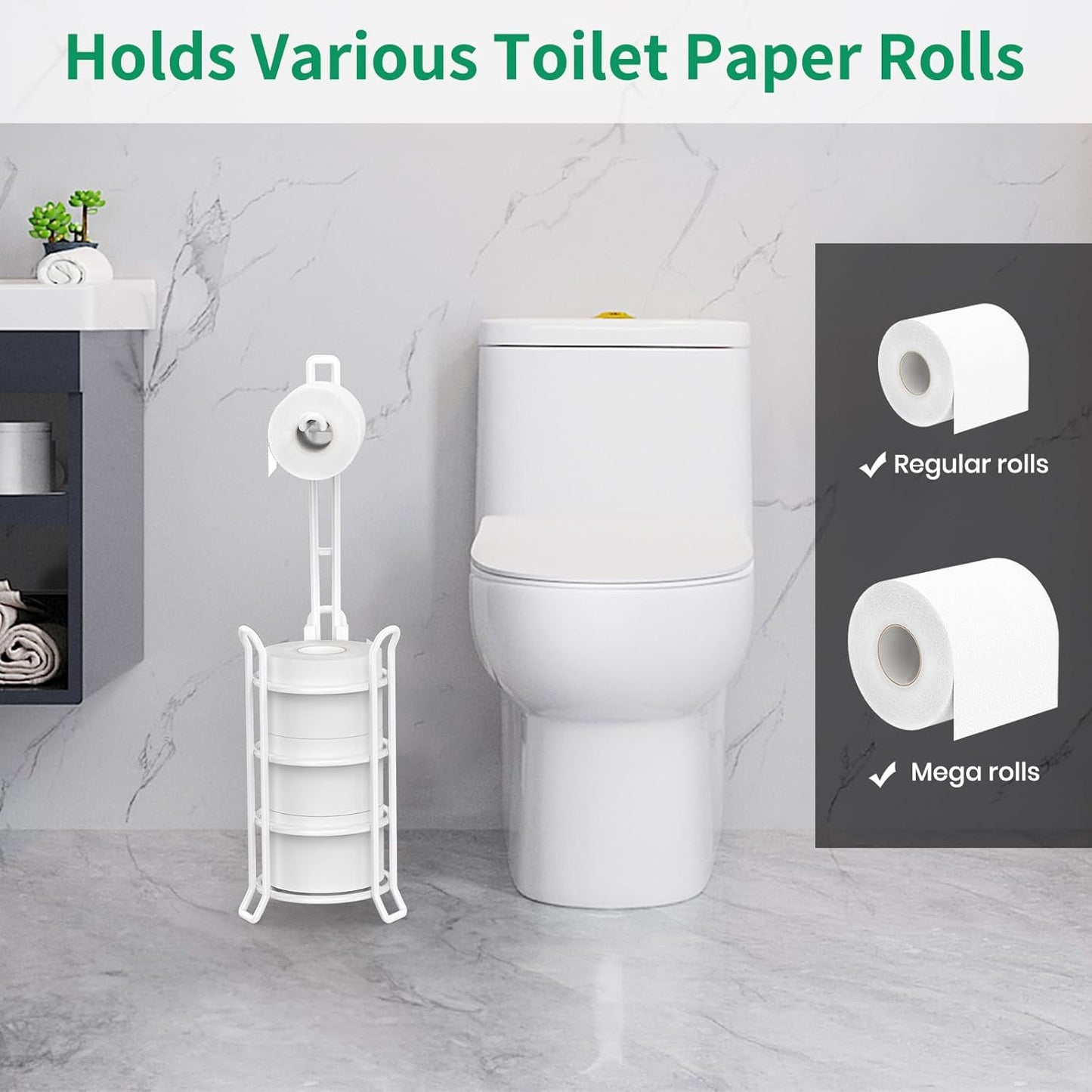 TomCare Toilet Paper Holder Toilet Paper Stand and Dispenser for 4 Mega Rolls Metal Wire Free Standing Toilet Tissue Paper Roll Storage Shelf Bathroom Accessories Storage Organizer White