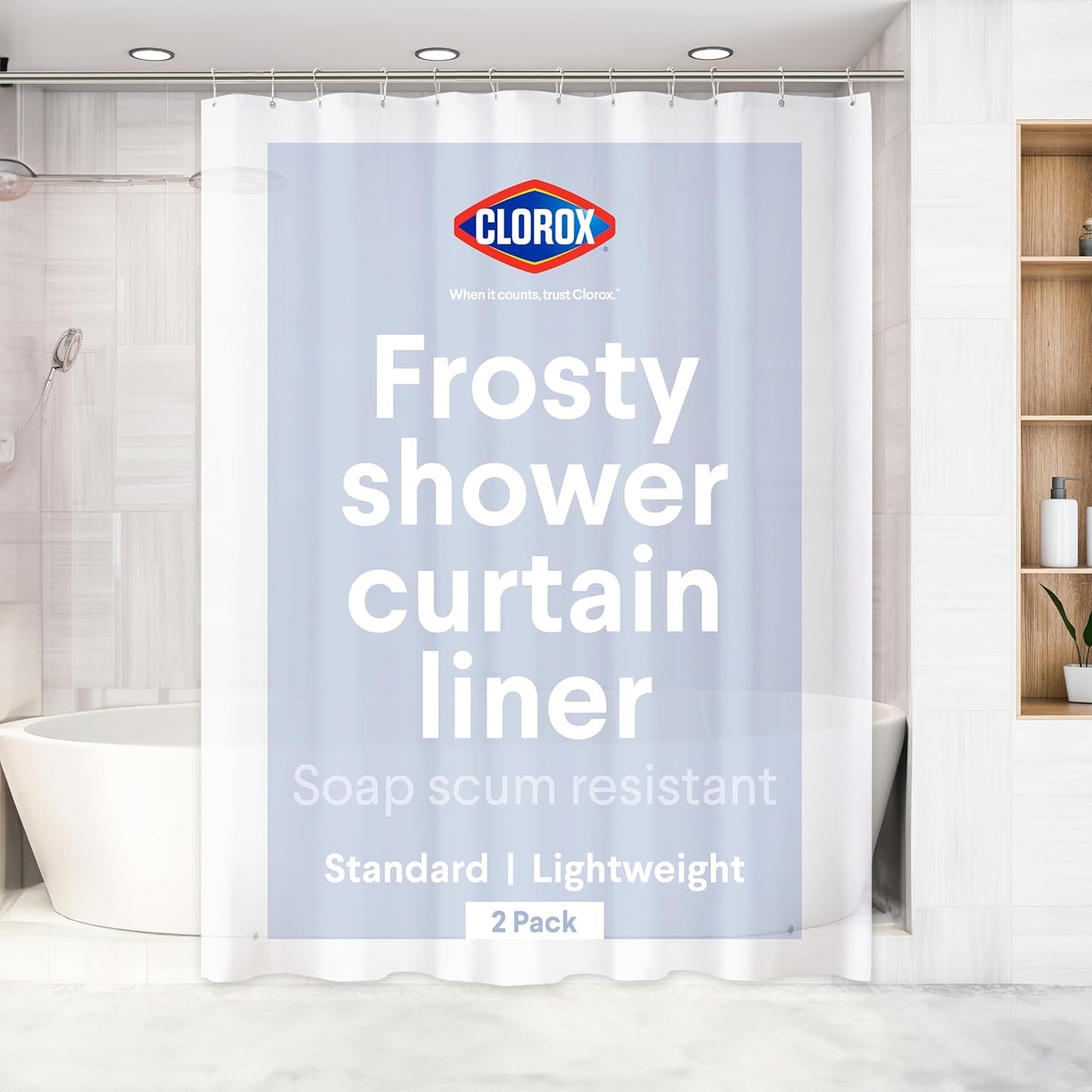 CLOROX Shower Curtain Liner, Premium Lightweight Durable Waterproof 4g PEVA for Bathroom with Weighted Magnets, Standard Size 70" x 72", Frosty 2 Pack
