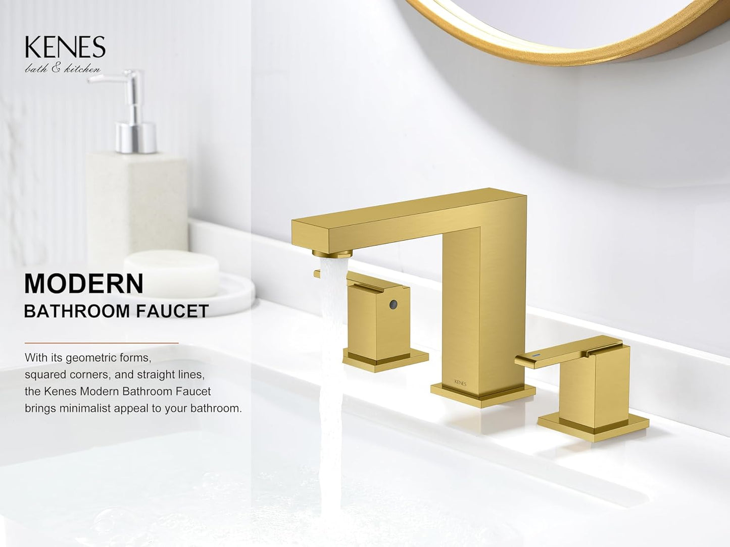 KENES Brushed Gold Widespread Bathroom Faucet 2 Handle Bathroom Sink Faucets 3 Hole, Gold 8-Inch 3 Pieces Vanity Lavatory Faucet with Supply Lines, KE-9050-4