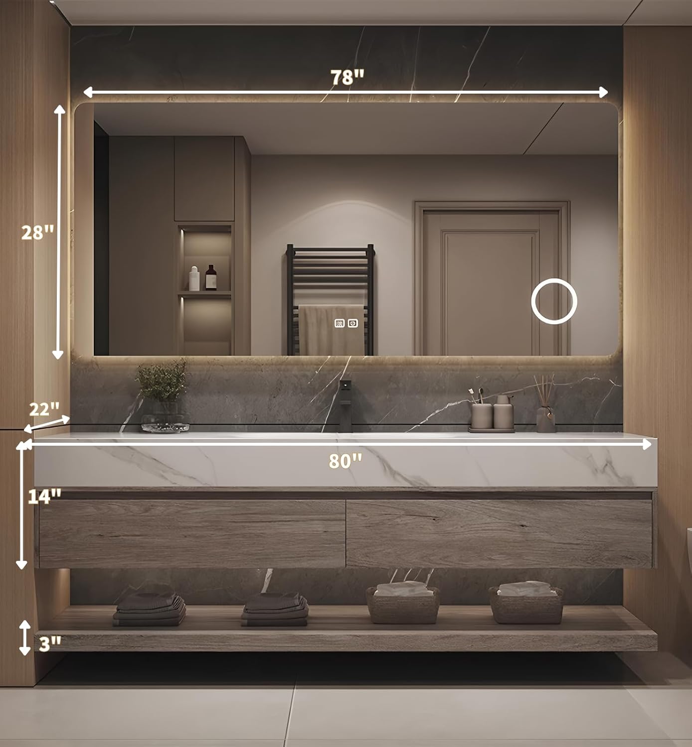 Floating Bathroom Sink Vanity 80Inch, Solid Wood Bathroom Vanities Set Includes Smart Rectangular Mirror, Slate Countertop and Integrated Sink, Modern Bathroom Cabinet with Drawers and Open Storage