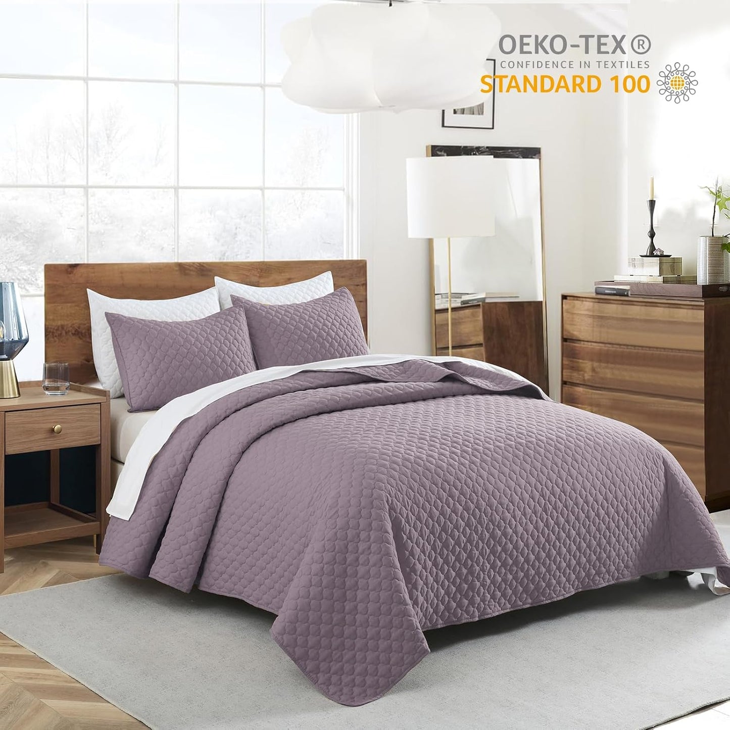 HORIMOTE HOME Quilt Queen Size Grayish Purple, Lightweight Quilt for Summer Ultra-Soft Microfiber Modern Style Quilted Clouds Pattern Bedspread Quit Set 3 Pieces(1 Quilt and 2 Pillow Shams)
