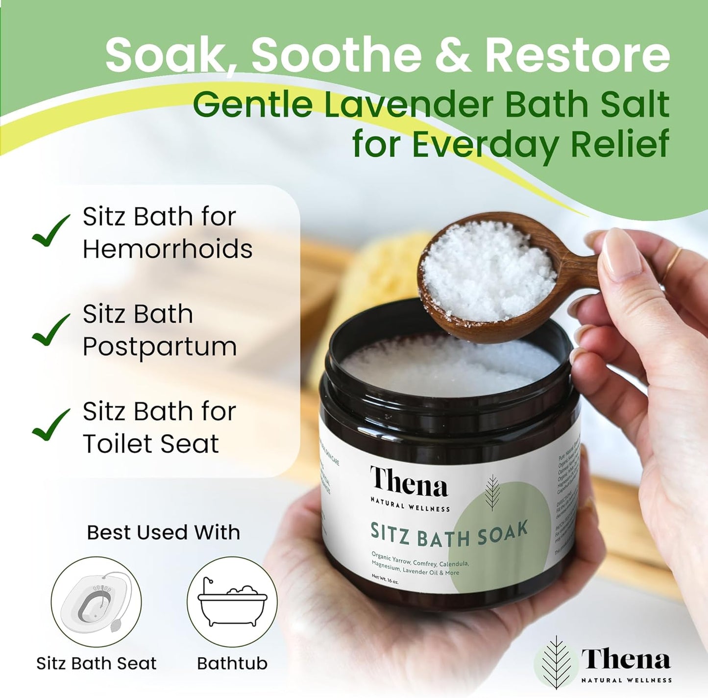 Best Organic Sitz Bath Soak Postpartum Care & Post Partum Essentials, Natural Hemorrhoid Treatment for Women & Moms with Epsom Dead Sea Salt Witch Hazel, Sitz Bath for Toilet, Thena