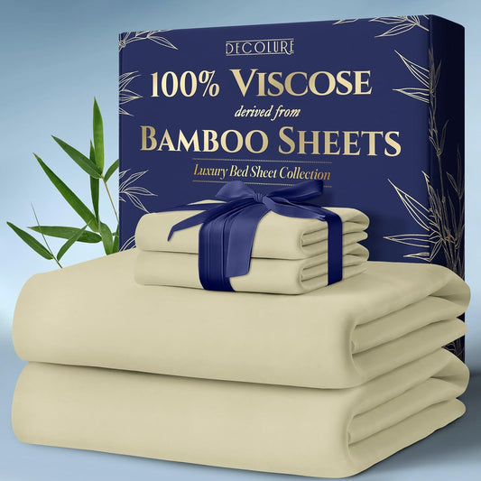 DECOLURE 100% Viscose Derived from Bamboo Sheets Queen Size 4pcs - Ultra Soft & Luxuriously Cooling, 17" Deep Pocket, Double Stitching, Perfect for Hot Sleepers - Queen Bed Sheets (Creme)