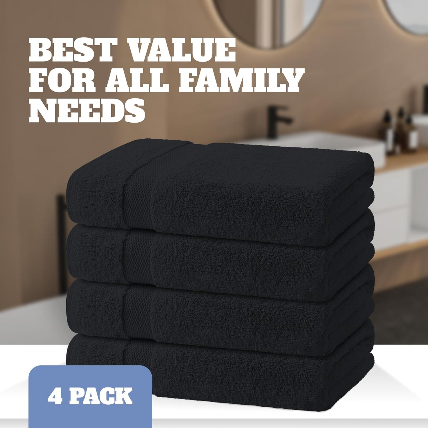 White Classic Black Bath Towels 27x54 Inch, Cotton Towel Set for Bathroom, Hotel, Gym, Spa, Soft Extra Absorbent Quick Dry 4 Pack