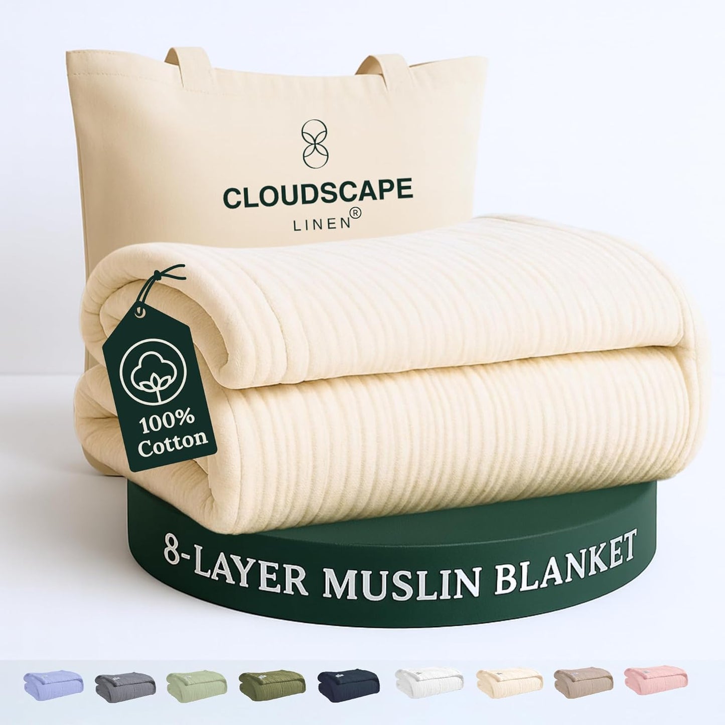 Cloud Scape Linen 8-Layer Muslin Blanket Queen Size - 100% Cotton, Soft and Breathable, Oversized Winter Blanket, Fits up to Full Size Bed, 92x92, Ivory