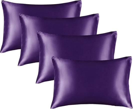 BEDELITE Satin Pillowcase for Hair and Skin, Super Soft Similar to Silk Pillow Cases 4 Pack with Envelope Closure, Cooling Pillowcases for Women Men (20"x30" Queen Size, Plum Purple)