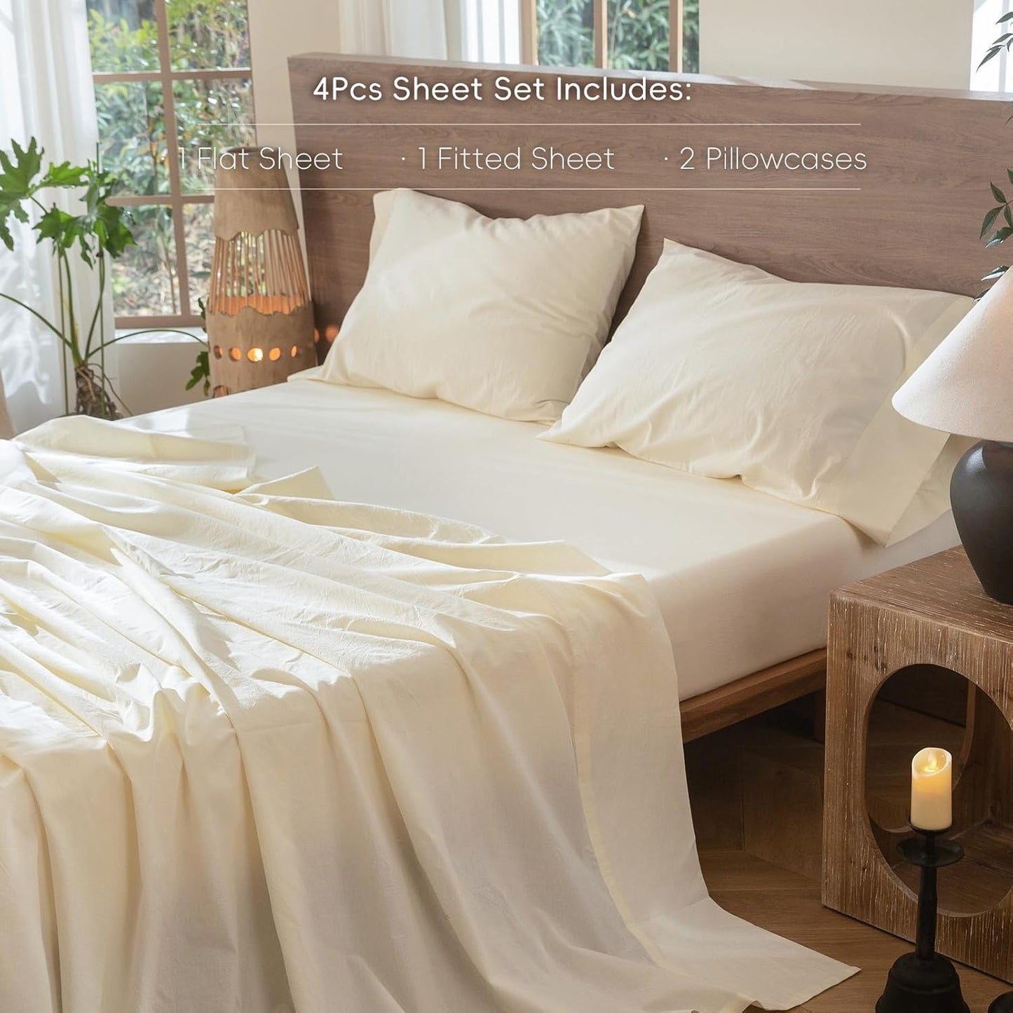 MooMee Bedding Sheet Set 100% Washed Cotton Linen Like Textured Breathable Durable Soft Comfy (Solid Cream White, Queen)