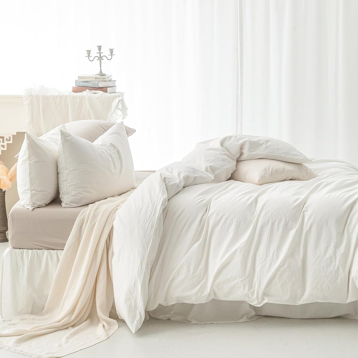 FOSSA Duvet Cover Set 100% Washed Cotton Linen Feel Super Soft Breathable Cozy 3 Pieces Bedding Sets Solid Off White California King