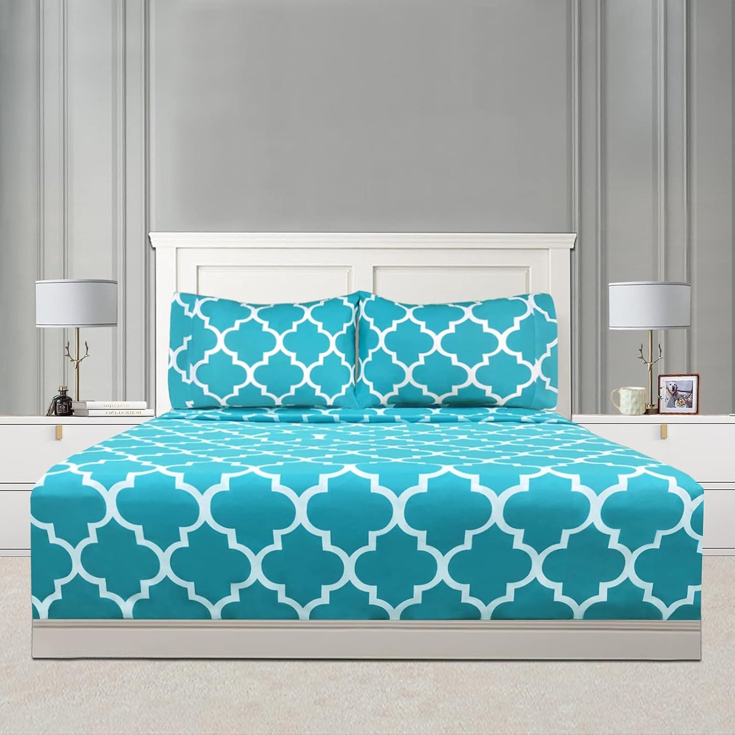 Mejoroom Full Bed Sheet Set - Super Soft Brushed Microfiber 1800 Thread Count Sheets with 16 inch Deep Pocket - Wrinkle Free - 4 Piece(Full, Aqua Quatrefoil with White Pattern)