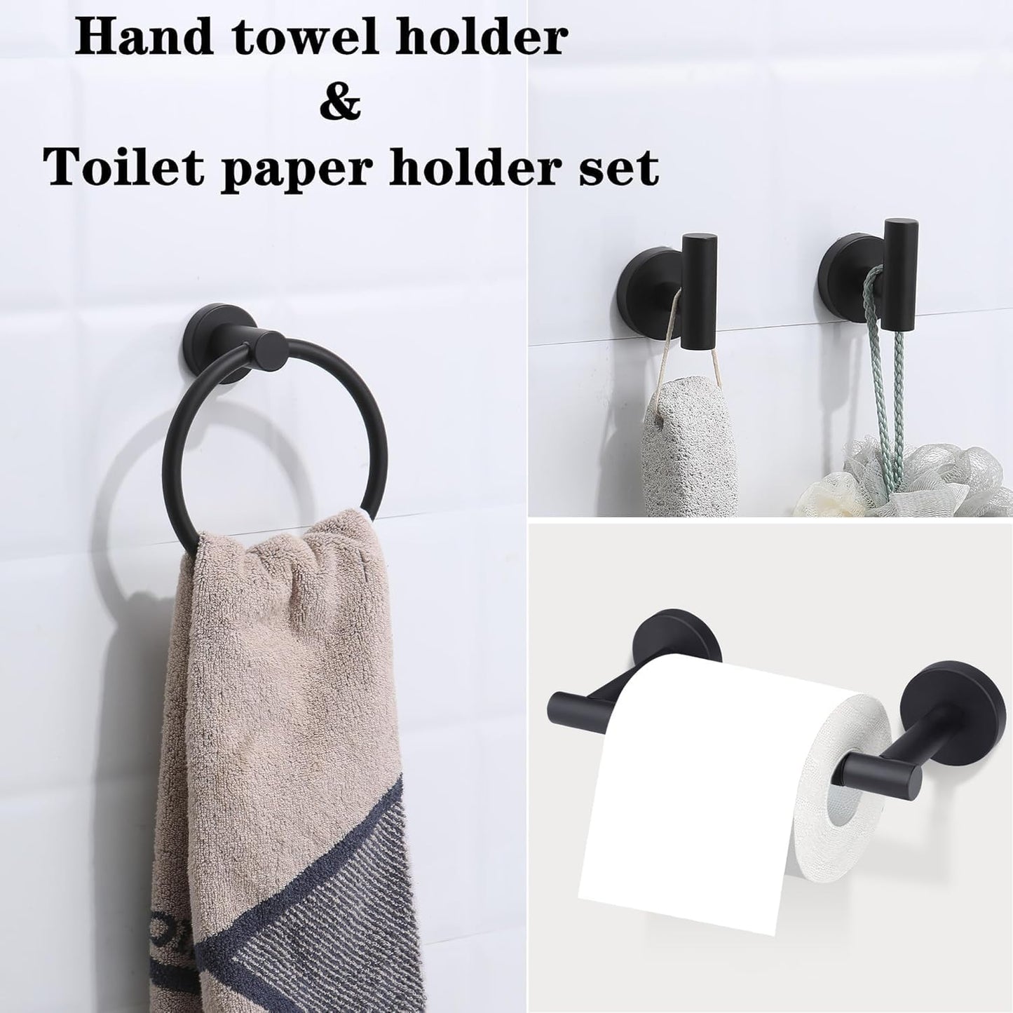 4-Piece Matte Black Bathroom Accessories Hardware Set,Include Double Post Pivoting Toilet Paper Holder,Towel Ring and 2 Towel Hooks