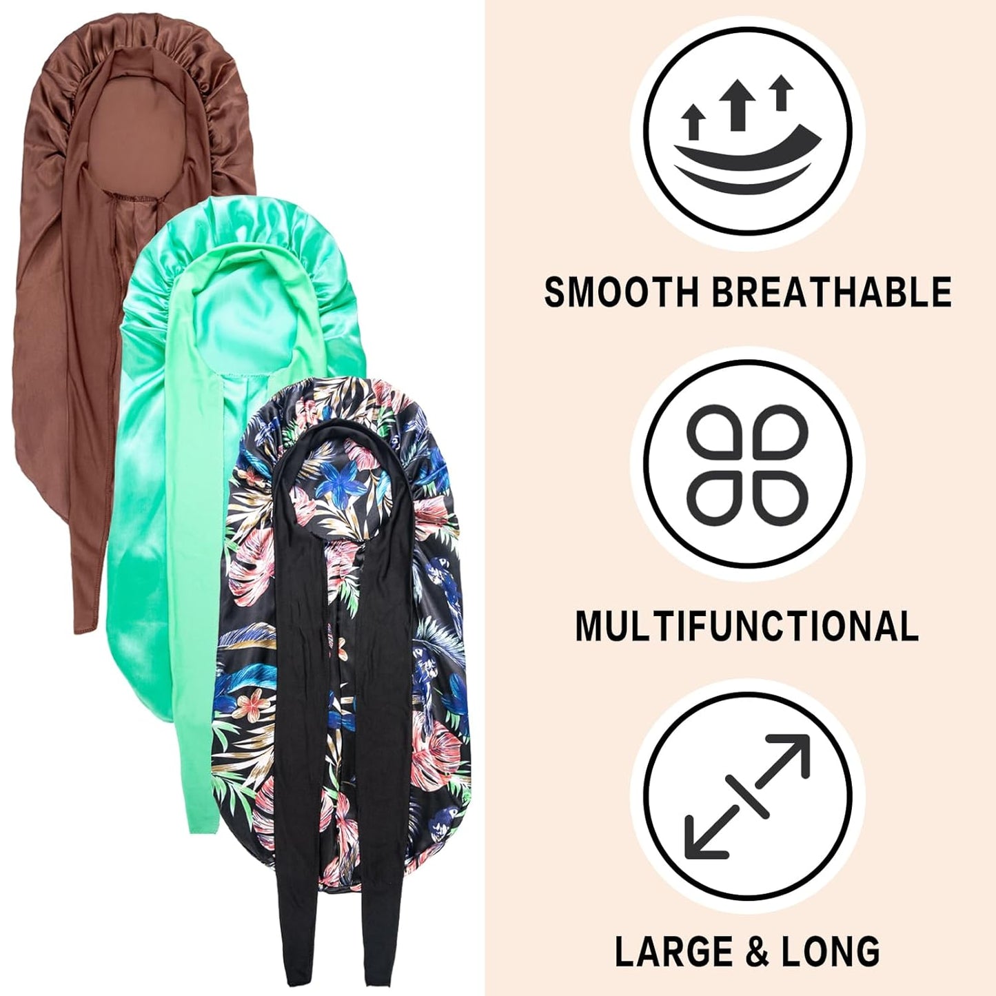 3Pcs Bonnets for Black Women Braid Bonnet, Large Long Satin Bonnet for Braids, Black Women Satin Silk Bonnet with Stretchy Tie Band Sleep Bonnet Cap for Long Curly Hair (Green & Black Pattern & Brown)