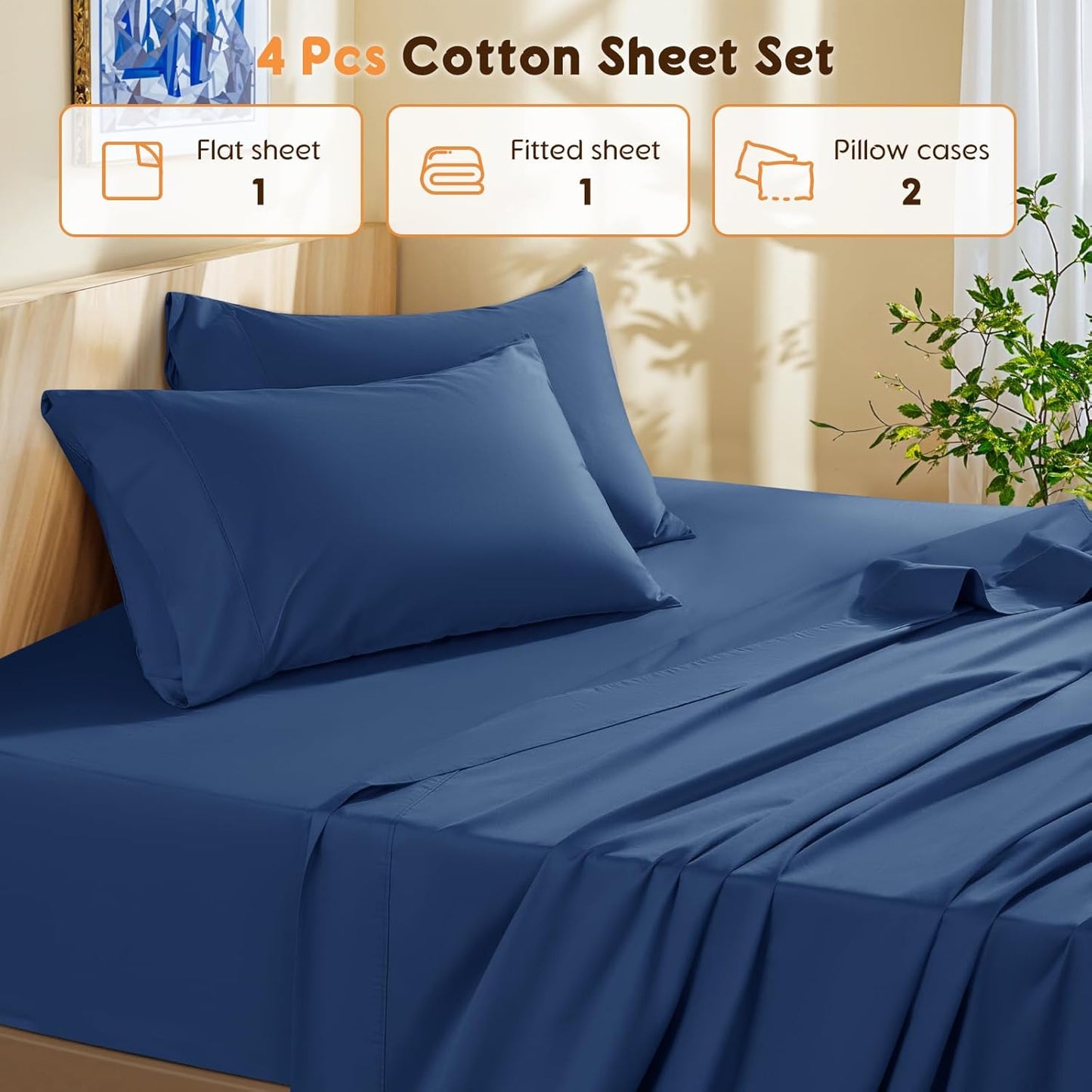 LBRO2M 100% Cotton Sheets Set King Size 600 Thread Count Sheet 4 Piece Sets Bed Sheet Deep Pocket Up to 16" Soft Comfortable All Season (King, Navy Blue)