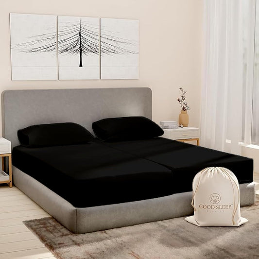 Good Sleep Bedding Split King Sheets Sets for Adjustable Bed Cotton, Luxury Sheets, Egyptian Cotton Sheets, 5 Piece 100% Cotton Split King Sheet Set, Sateen Sheetts, 2 Fitted - 16" Deep Pocket, Black
