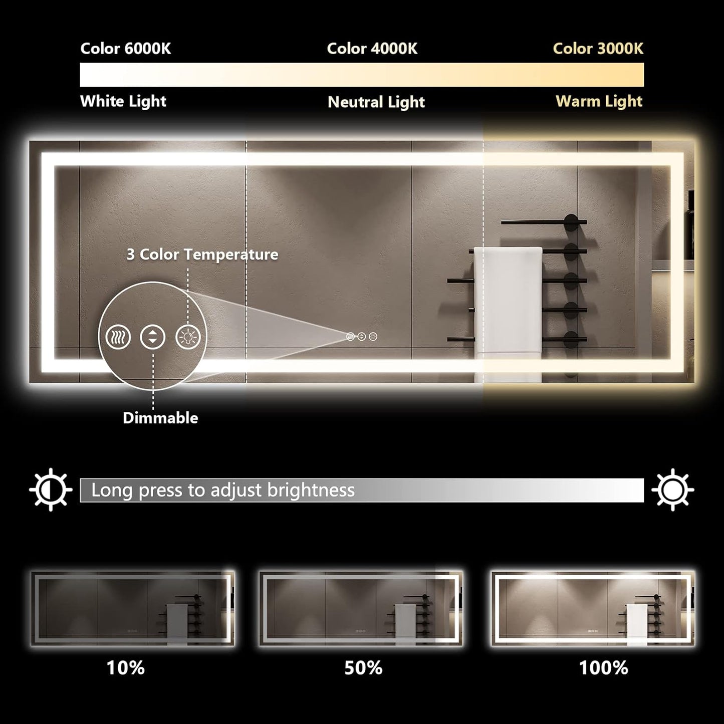 96x36 Inch LED Bathroom Mirror with Lights Front and Backlit Lighted Vanity Mirror for Bathroom Wall with 3 Colors Dimmable Anti-Fog Memory Shatter-Proof IP54 Waterproof Horizontal/Vertical