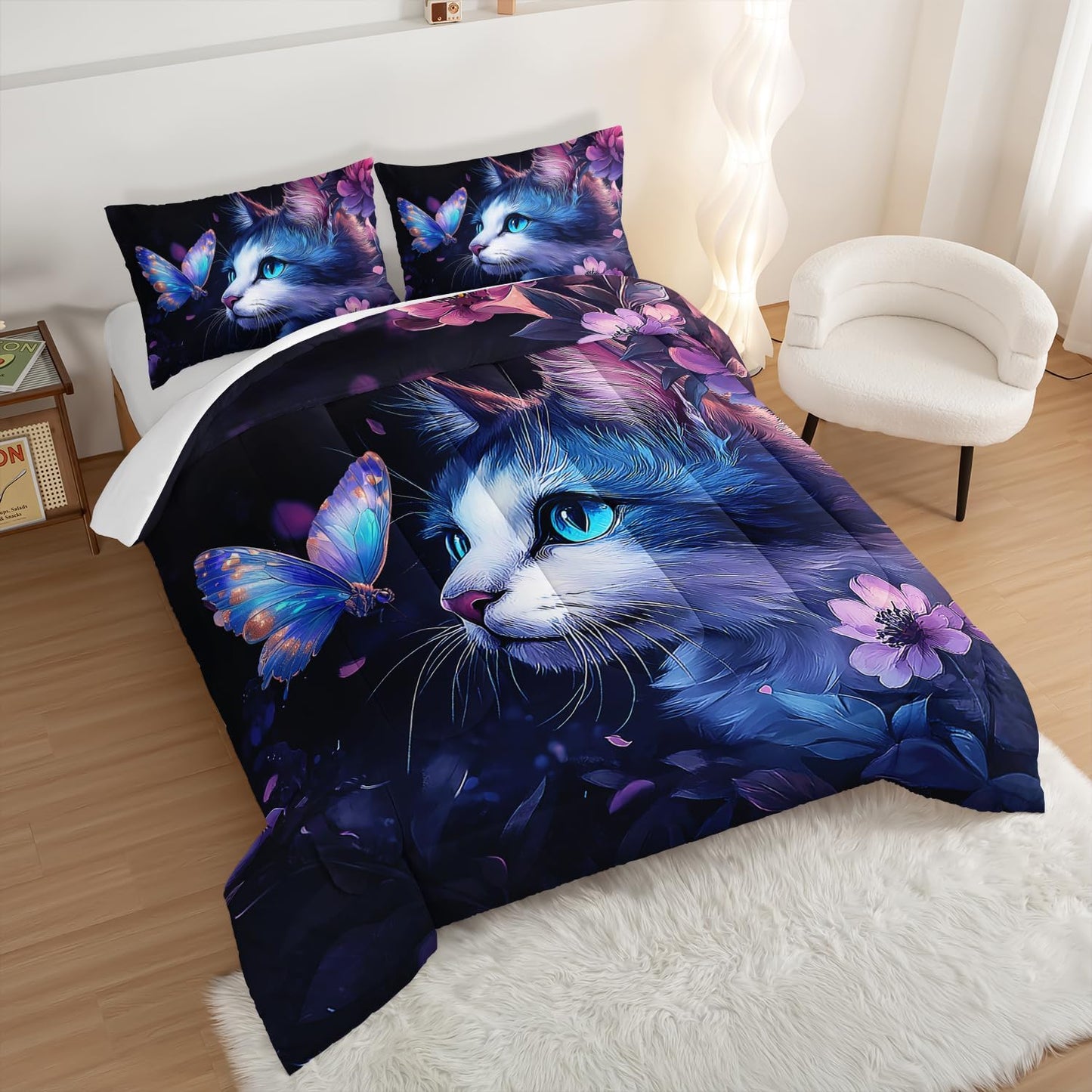 Kids Cat Comforter Set Full Size,Fantasy Cats Butterfly Flowers Bedding Set for Kids Girls Kawaii Room Decor,Cute Little Animal Themed Toddler Bedding Set with 2 Pillowcases.