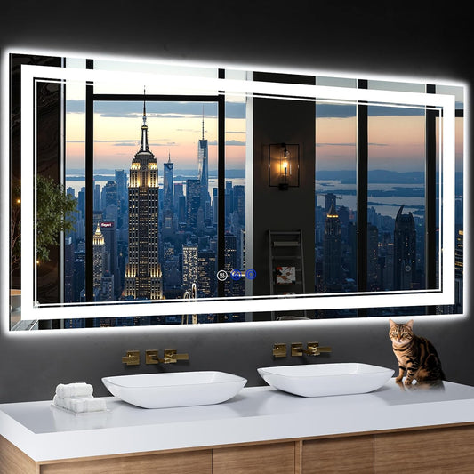 60"x30" LED Bathroom Mirror with Anti-Fog, Stepless Dimmable Lights, 3 Color Modes, Shatter-Proof Tempered Glass, Memory Function & Waterproof Design
