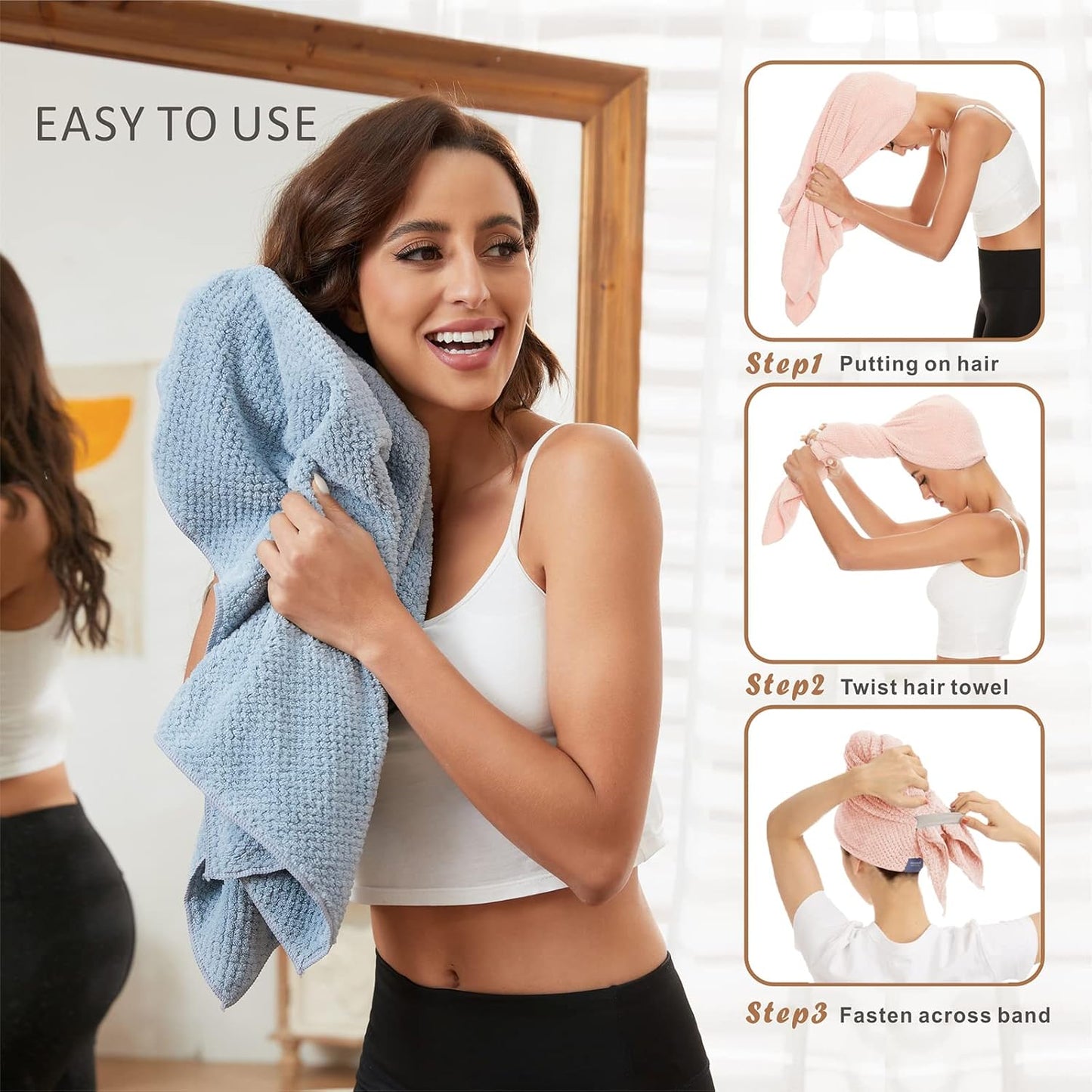 Large Microfiber Hair Towel Wrap for Women, Anti Frizz Hair Drying Towel with Elastic Strap, Fast Dry | Super Absorbent | Quick Dry Hair Turban for Wet, Curly, Long & Thick Hair -Blue
