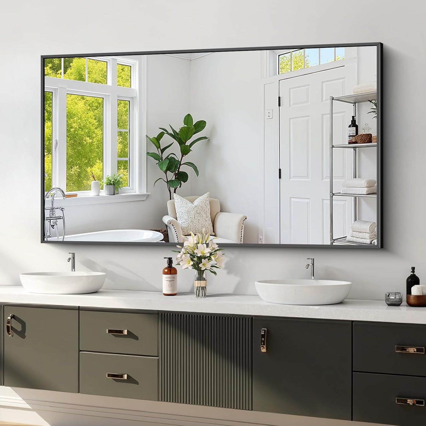 Koonmi Black Framed Bathroom Mirror - Shatterproof 30"x55" Tempered Glass, HD No Distortion, Horizontal/Vertical Mount, Modern Matte Aluminum Alloy Frame