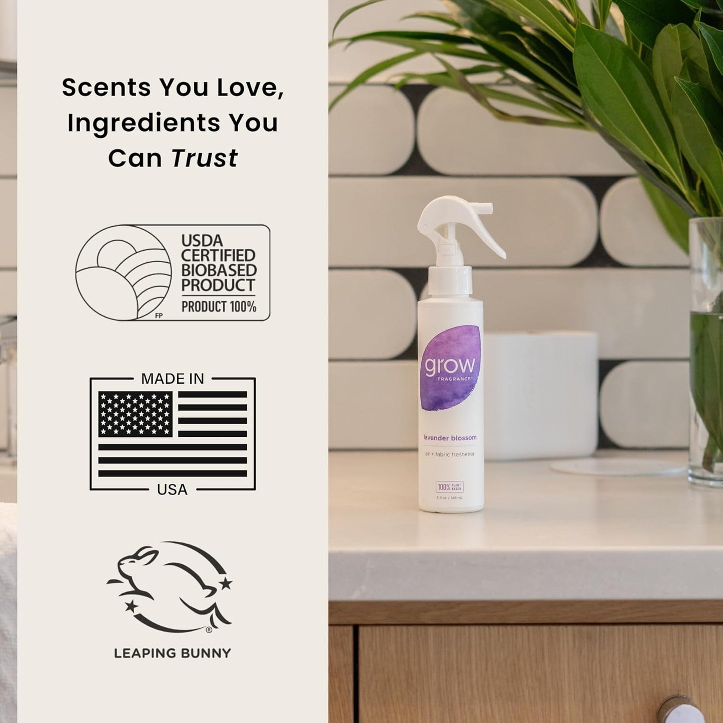 Grow Fragrance Scented Fabric and Room Air Freshener Spray - Certified Non-Toxic, 100% Plant-Based Essential Oils - 5 oz (Lavender Blossom + Black Currant Rose 2-Count)