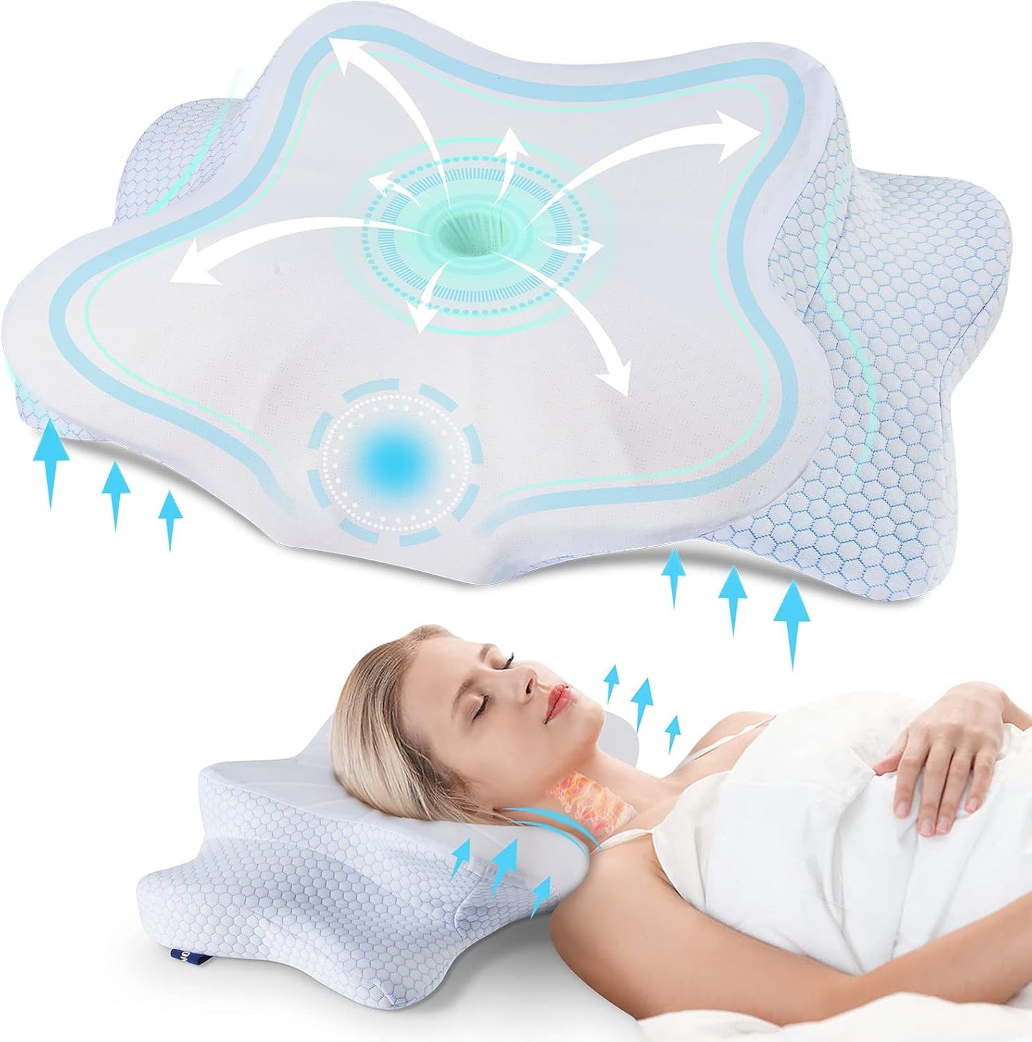 DONAMA Cervical Pillow for Neck Pain Relief,Contour Memory Foam Pillow,Ergonomic Orthopedic Neck Support Pillow for Side,Back and Stomach Sleepers with Breathable Pillowcase-Blue