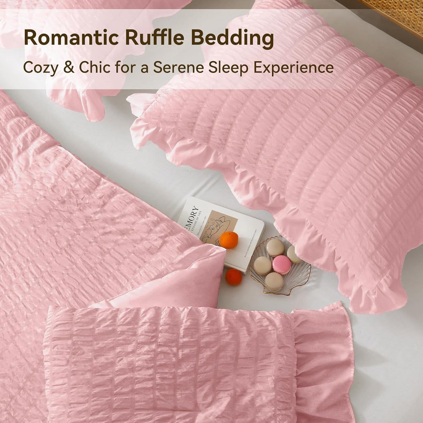 JOLLYVOGUE Pink Seersucker King Comforter Set, 3 Pieces Bed in a Bag Comforter Set, Lightweight & Fluffy Bedding Sets King for All Season with 1 Ruffle Comforter and 2 Ruffle Pillowshams