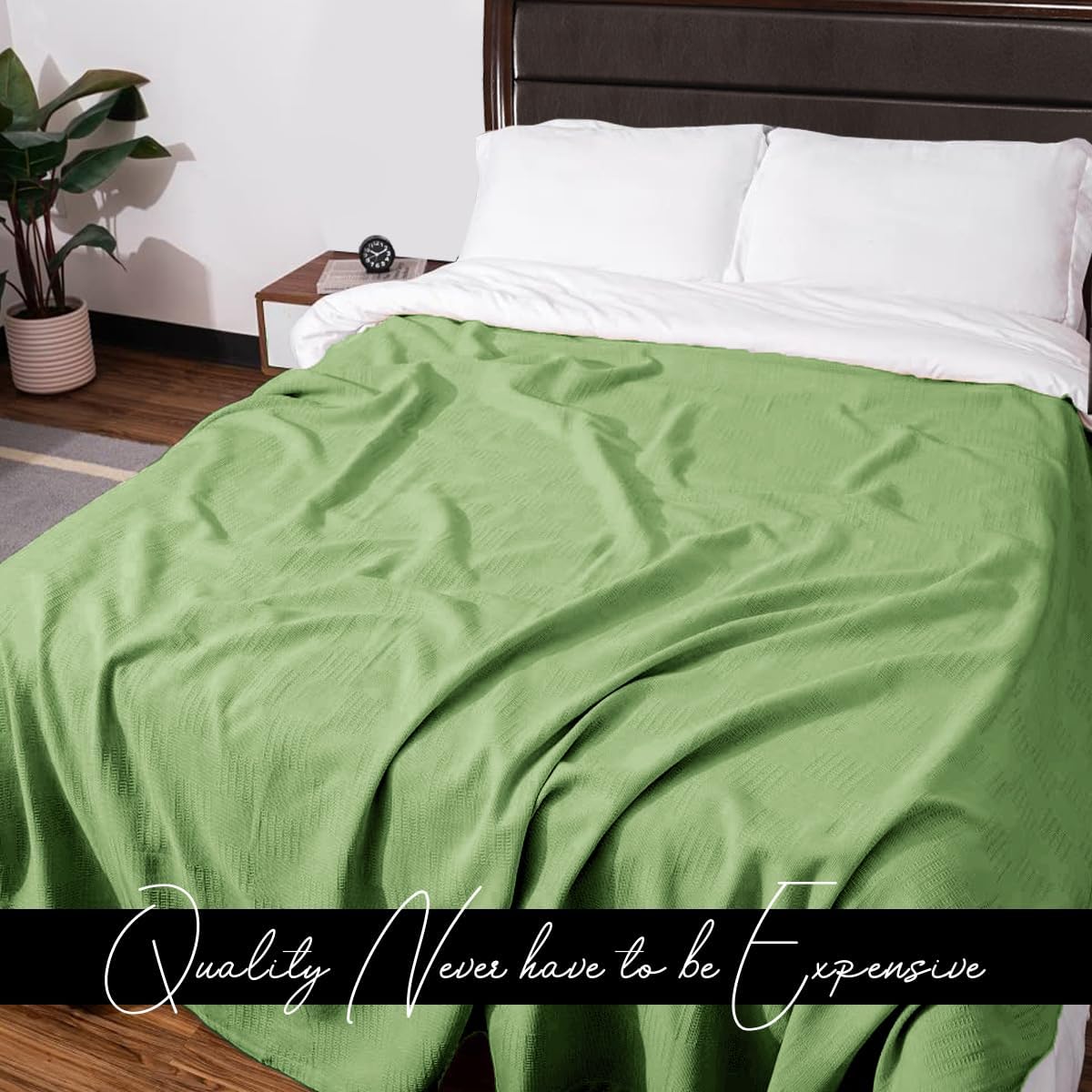 Avalon Bedding 100% Cotton Blankets Queen Size Thermal Blanket (90"x90") - Perfect Cotton Blanket Queen Size for Layering Bed in Any Season - Cotton Blankets for Bed (Green)