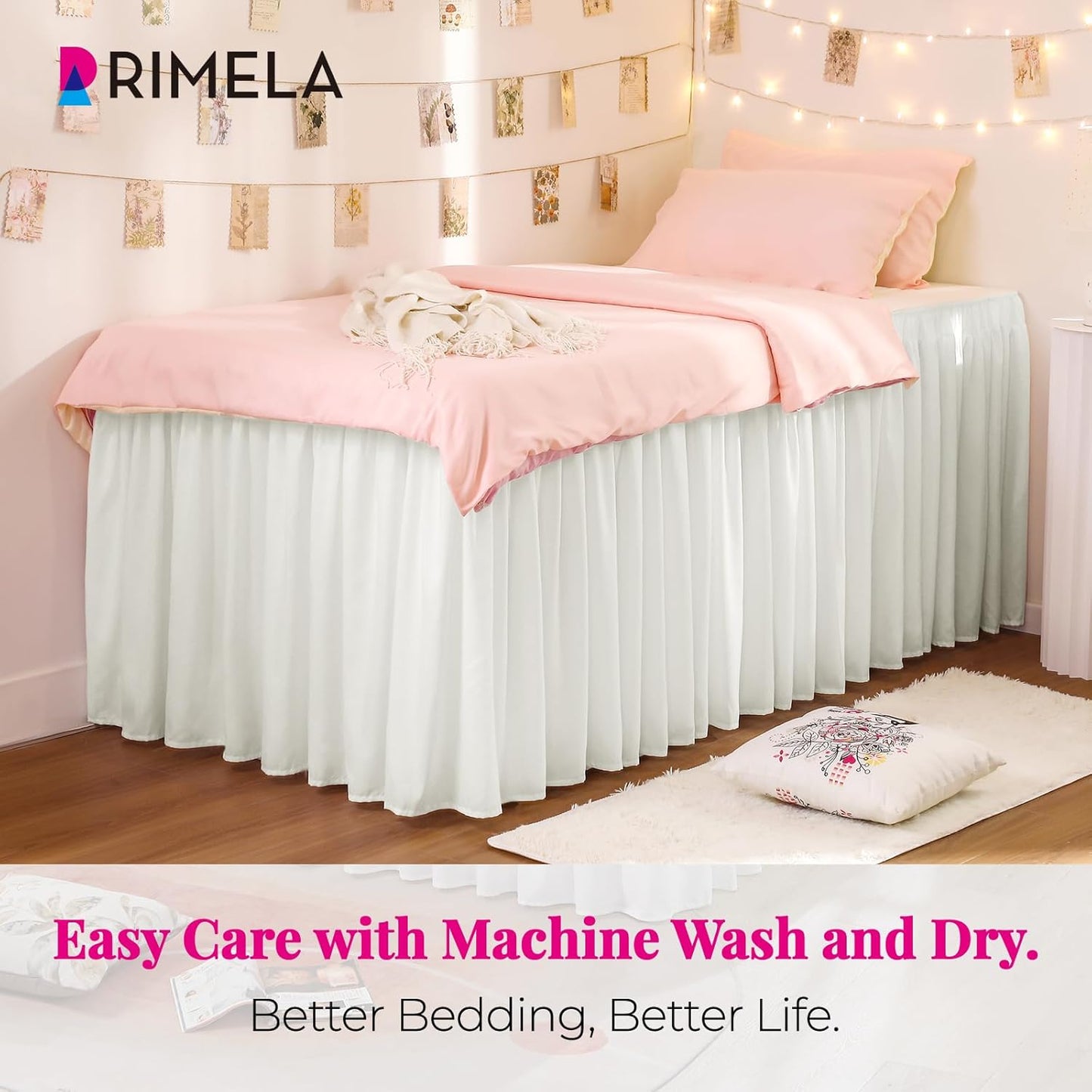 RIMELA Dorm Bed Skirt Twin XL 36 Inch Drop, Easy to Install Extra Long Wrap Around Elastic Dust Ruffle, Warm White Bedskirt Solid Silky Fabric Machine Washable (Twin XL 80“L x 39”W & Twin 75“L x 39”W)