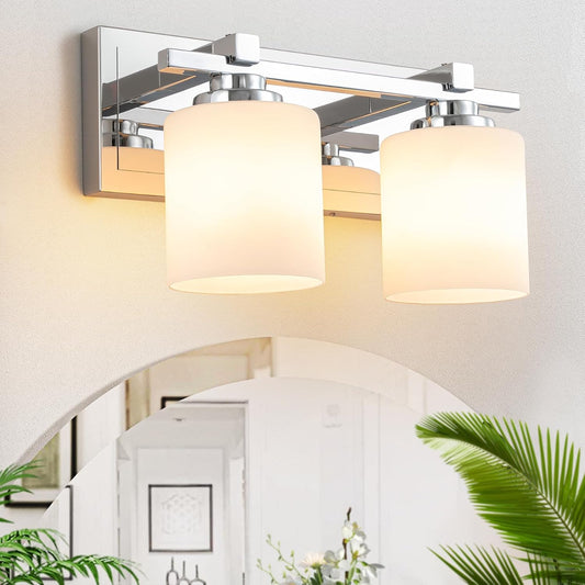 2 Light Modern Bathroom Light Fixtures Over Mirror, Chrome Vanity Lights for Bathroom Wall Sconces with Milky White Glass Shades, E26 Socket (Bulbs Not Included)