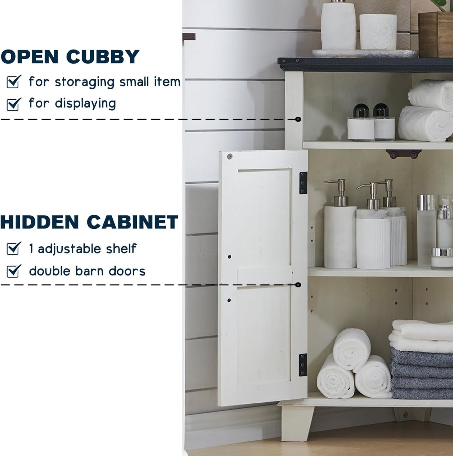 ACCOHOHO Corner Bathroom Cabinet, Farmhouse Small Corner Cabinet with Barn Door & Adjustable Shelf, Storage Cabinets for Bathroom, Kitchen, Living Room, Off White