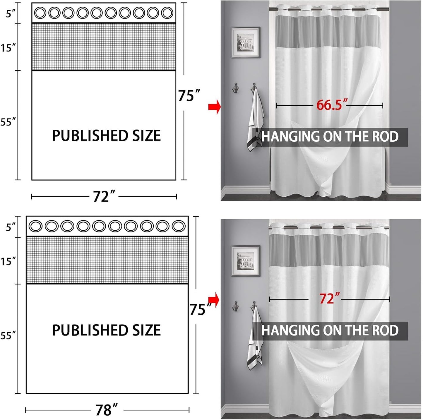 YellyHommy No Hook Shower Curtain with Snap in Fabric Liner Set Less Time White Waffle Shower Curtain for Bathroom 75" L x 78" W