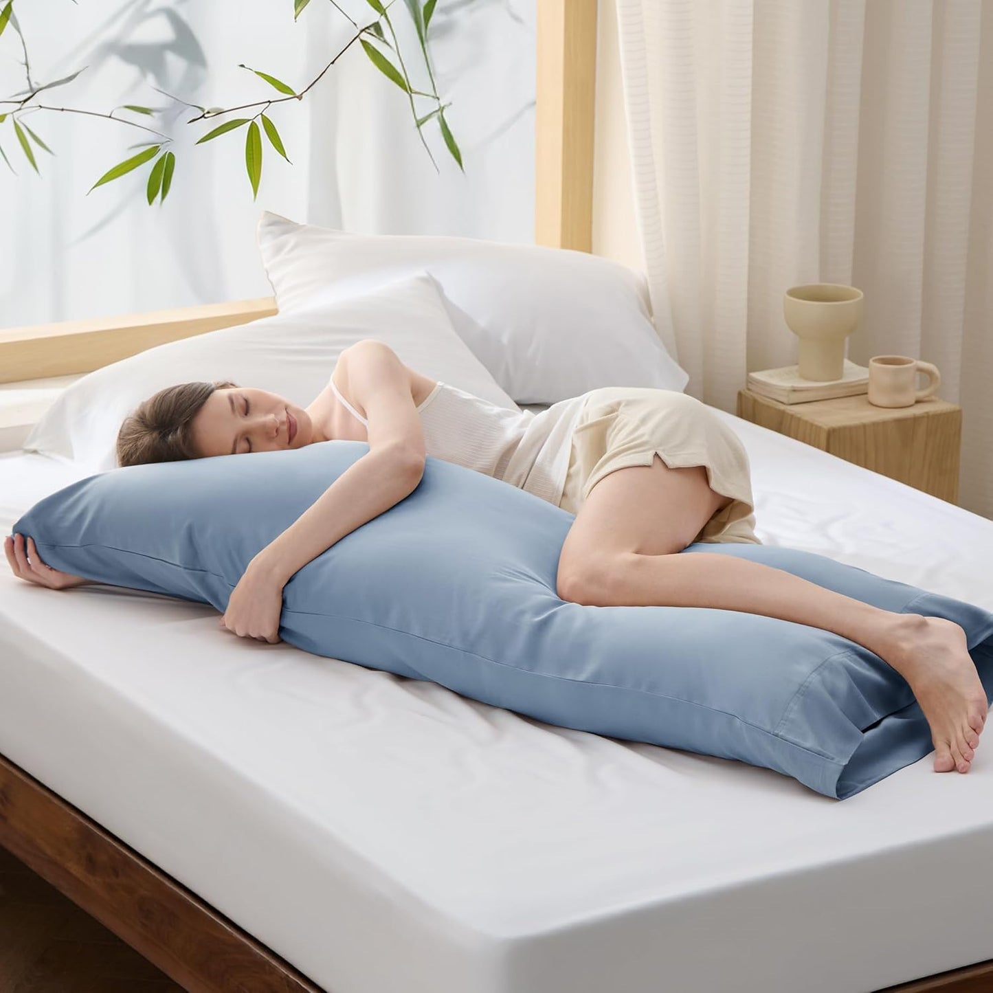 Bedsure Body Pillow Cover, Cooling Body Pillow Pillowcase for Hot Sleepers, Rayon Derived from Bamboo, Breathable & Silky Soft Long Pillow Case Cover with Envelope Closure, Grey Blue, 20x54 Inches