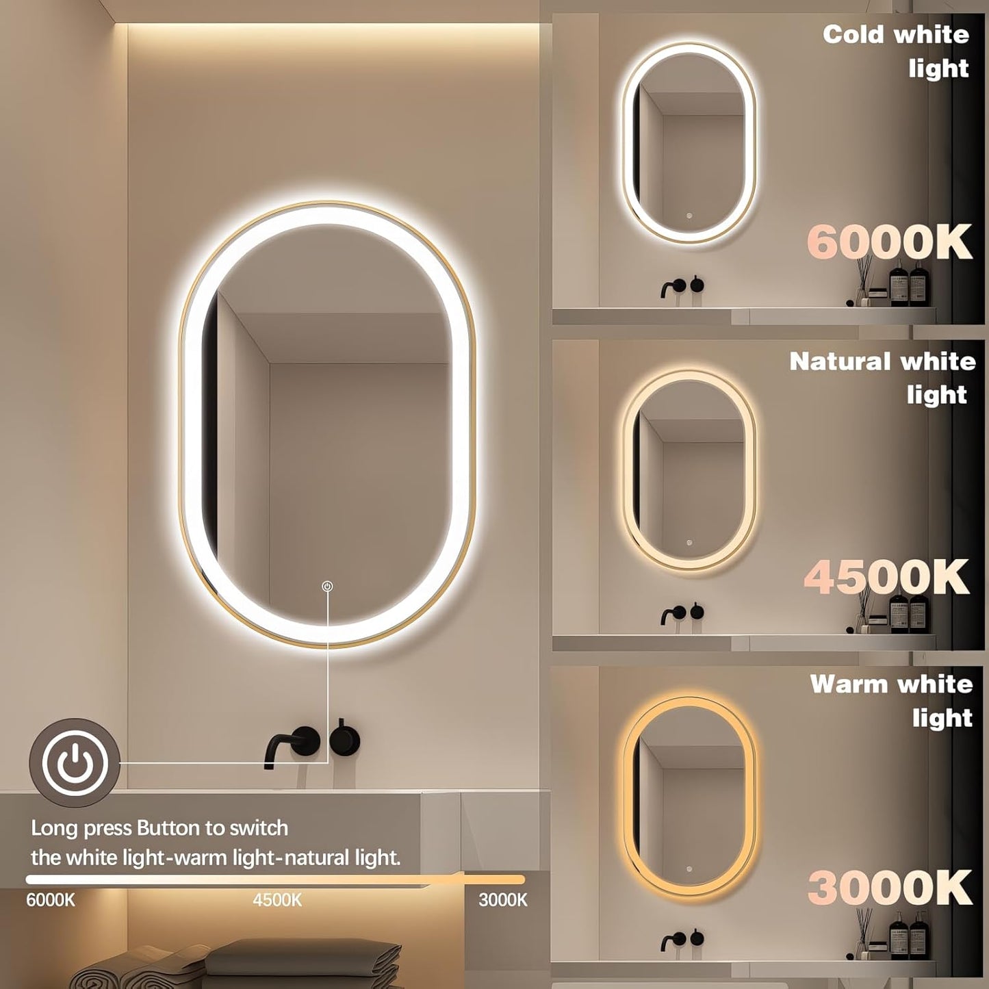 Oval LED Bathroom Mirror, 36"x24" Lighted Wall Mounted Vanity Mirror with Metal Frame, Anti-Fog IP66 Waterproof Smart Mirror, Memory Function, (Horizontal or Vertical), Gold